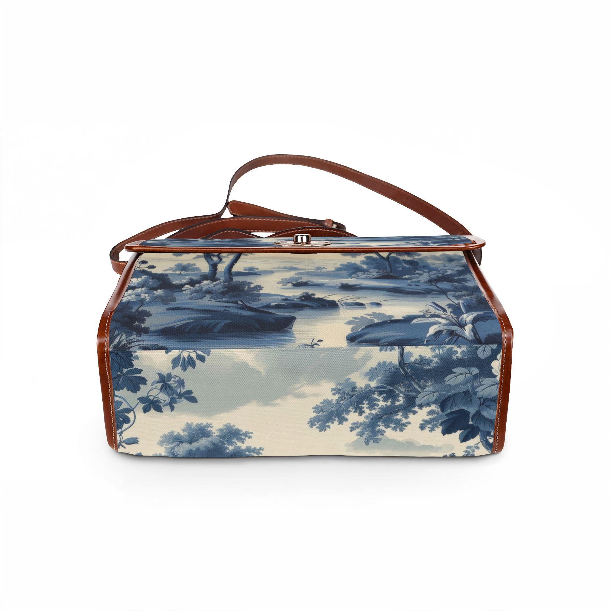 Blue Toile Landscape Waterproof Canvas Bag | Vintage Scenic Print