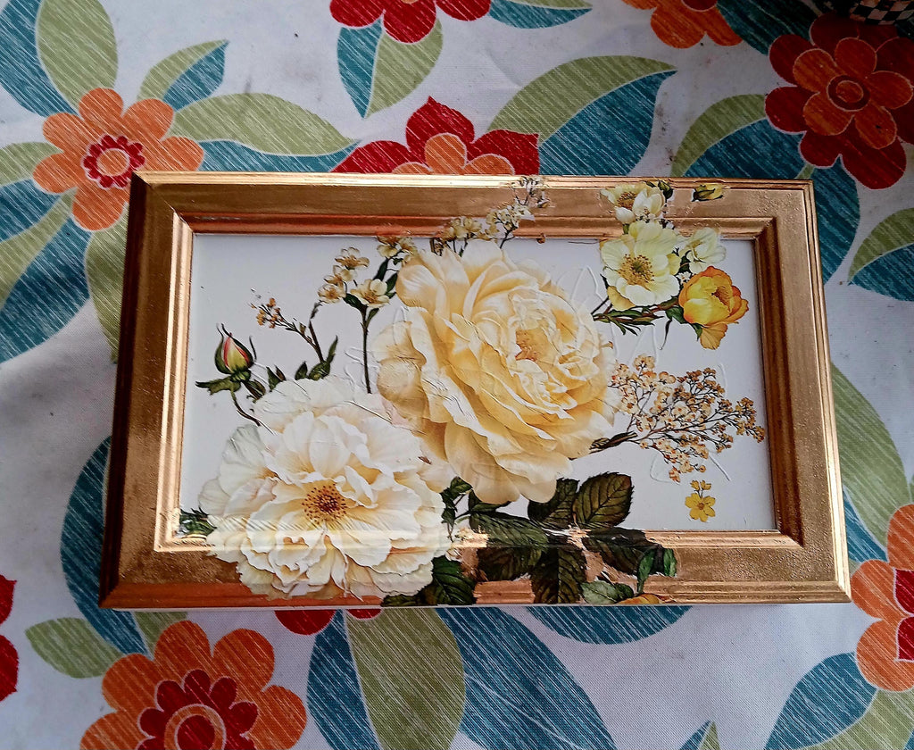 Refurbished Oak Jewelry Box • Cream & Yellow Botanical Keepsake Jewellery Chest