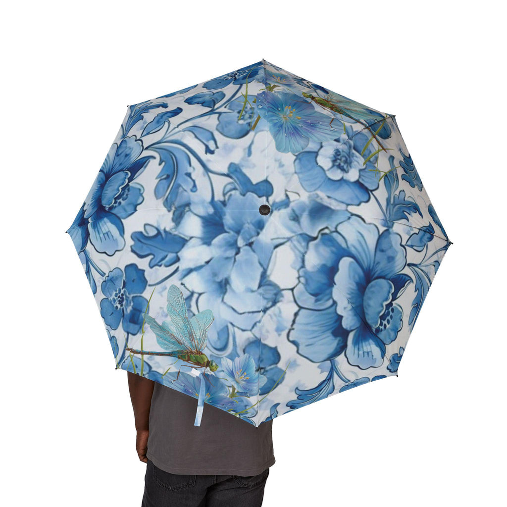 Blue Botanical Dragonfly Umbrella – Garden Floral Print, Compact Travel Accessory