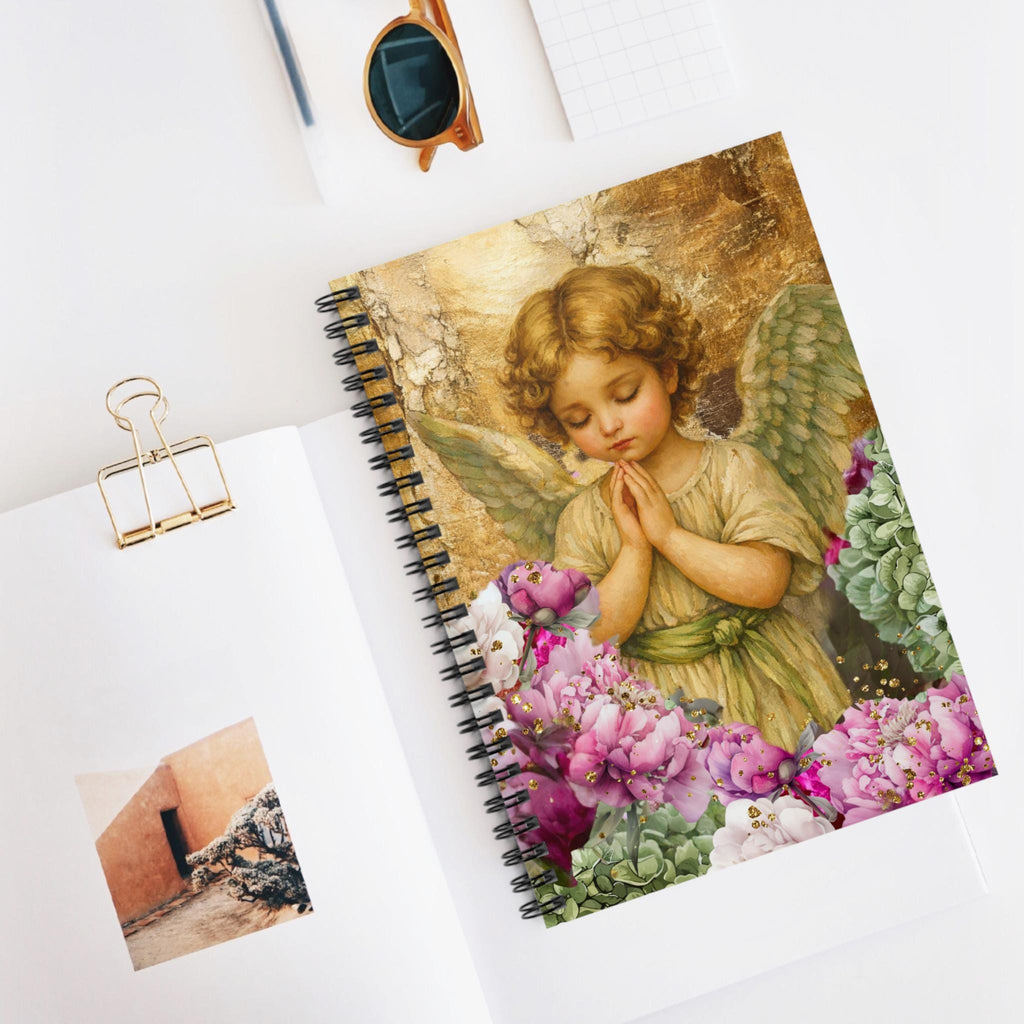 Praying Cherub Angel Spiral Notebook | Floral Ruled Journal