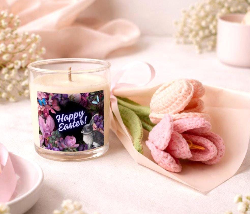Easter Candle and Crocheted Flower Bouquet Gift Set | Soy Candle, Spring Décor