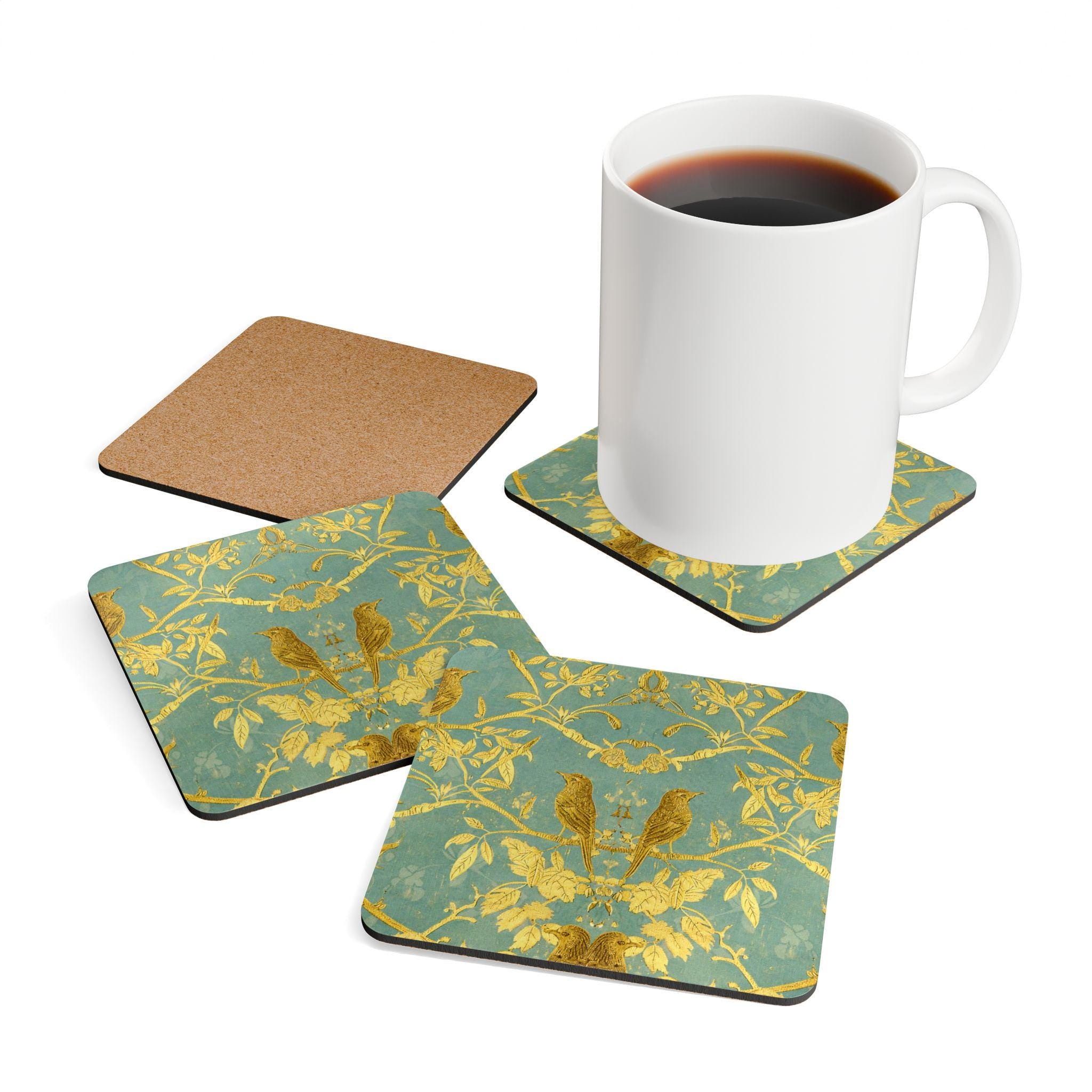 Gold Bird Branches Cork Coaster Set | Celadon Floral Vintage Style
