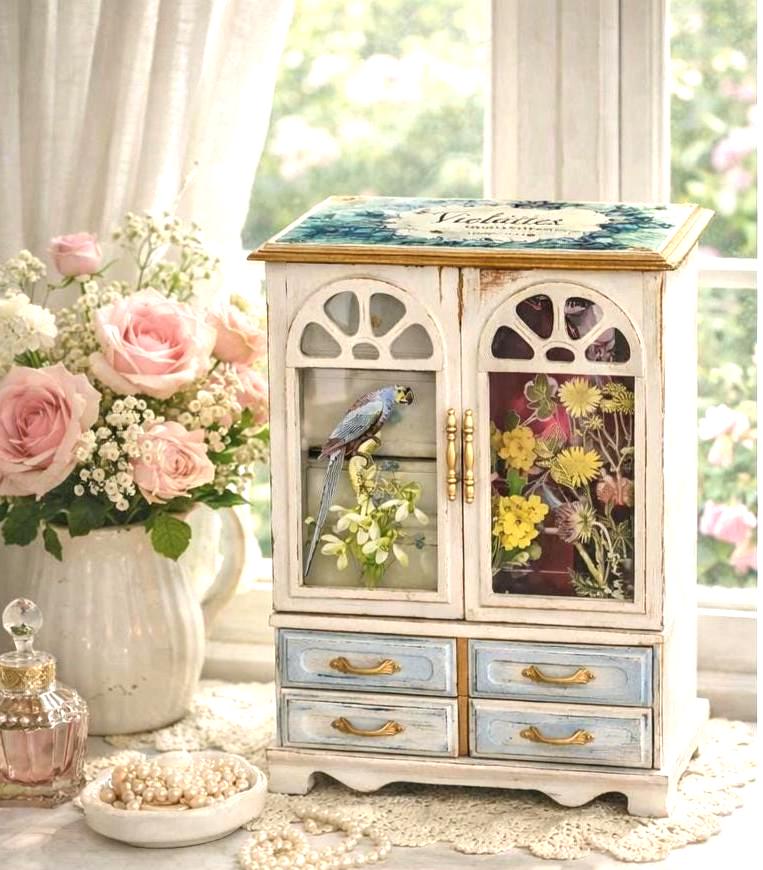 Floral Jewelry Box • Large Cottagecore Keepsake Box • Feminine Vanity Decor • Shabby Chic Gift for Her • Hand Embellish Jewelry Organizer
