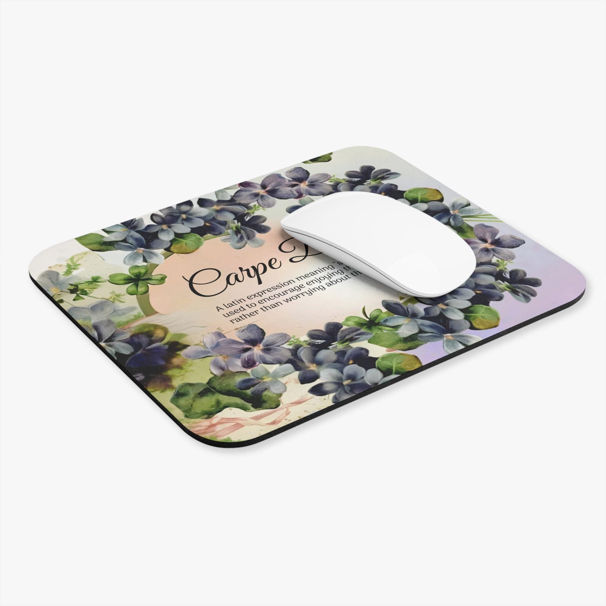 Victorian Violet Floral Carpe Diem Mouse Pad | Vintage Floral Desk Accessory