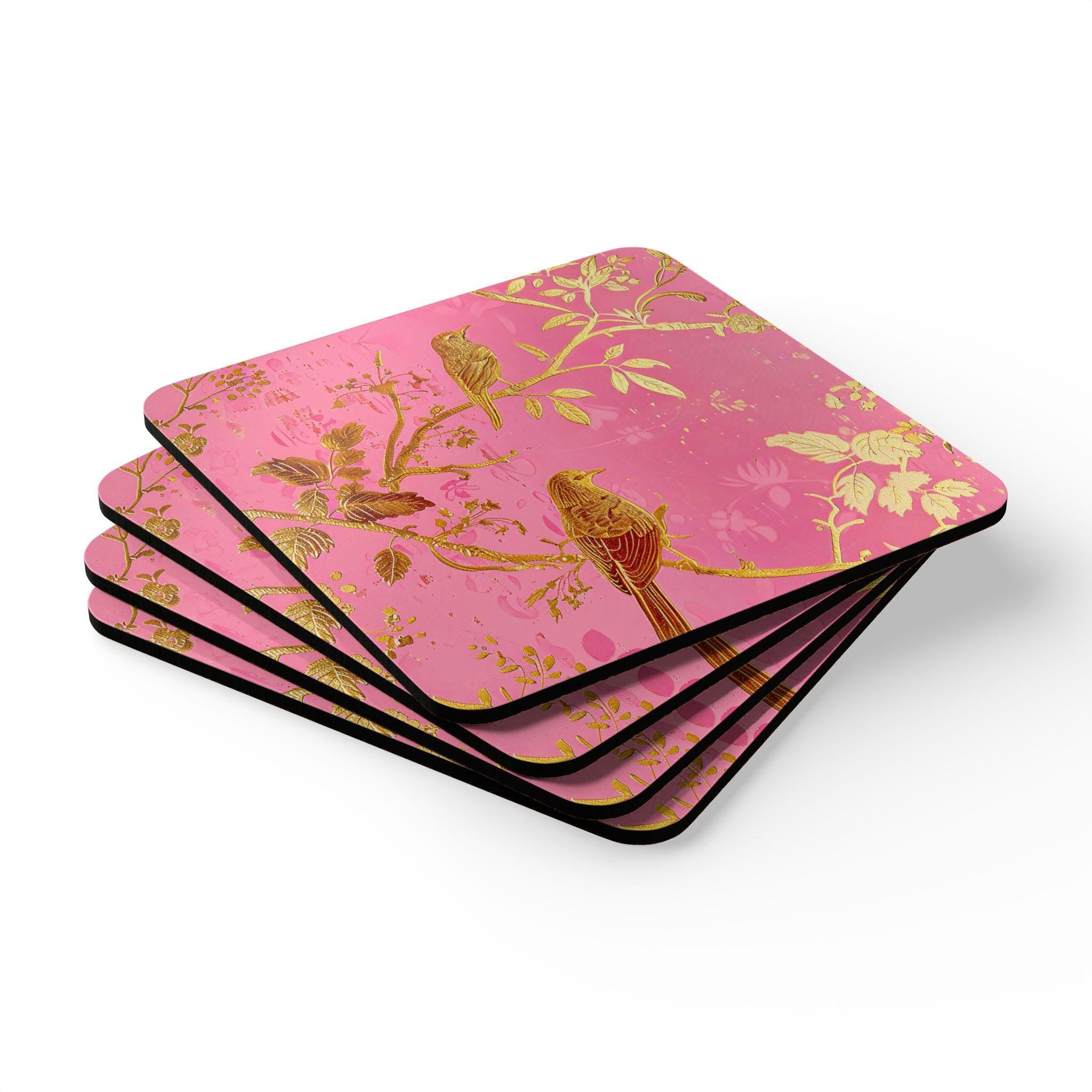 Gold Bird Branches Cork Coaster Set | Pink Floral Vintage Style