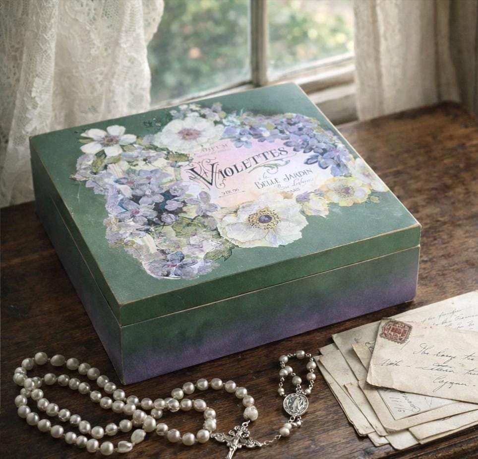 The Vintage Violette Label Keepsake Box,Jewelry chest, For Rosaries, Hankies, letters. Storage gift Box