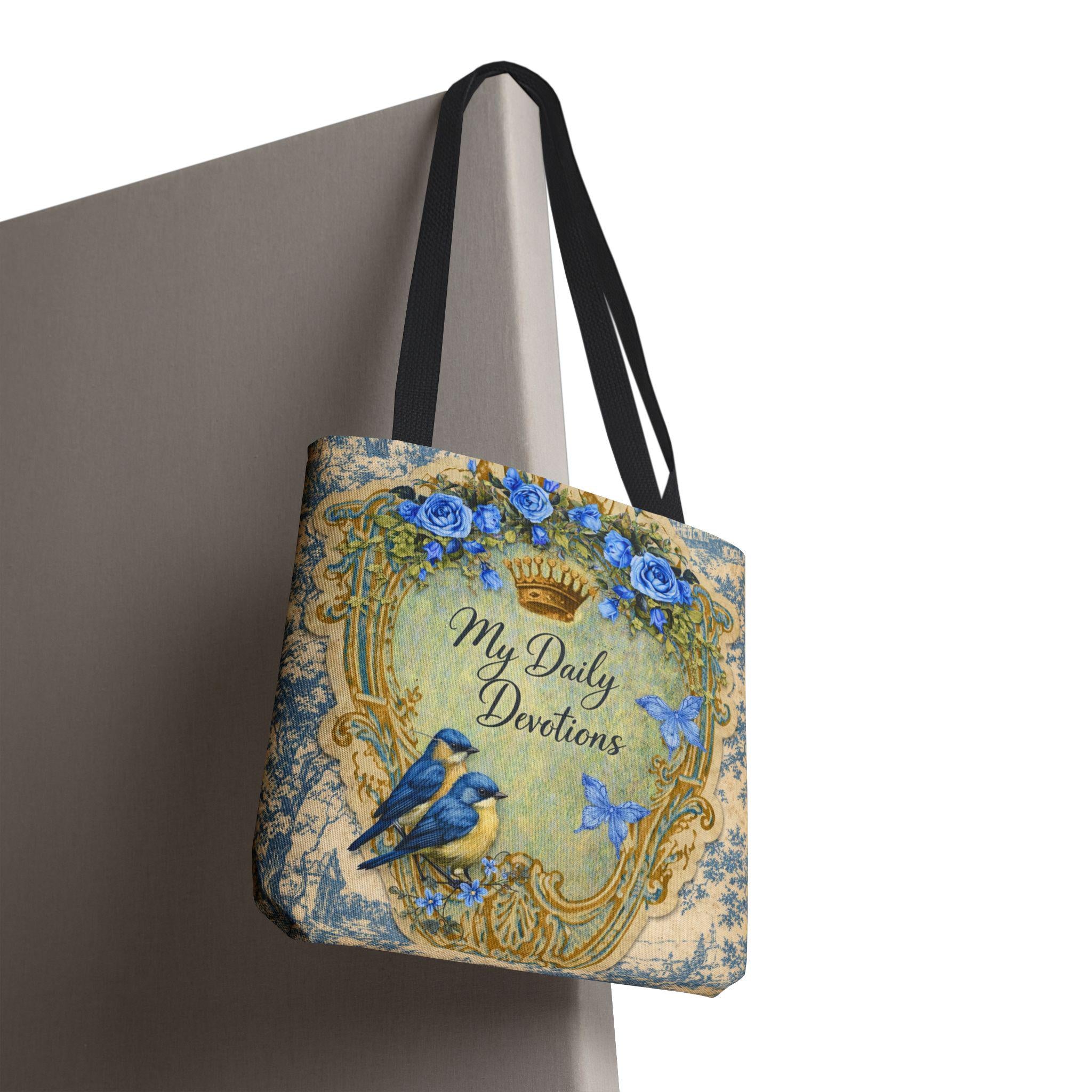 My Daily Devotions Tote Bag | Bluebird Floral Scripture Design Bible Study Accessory