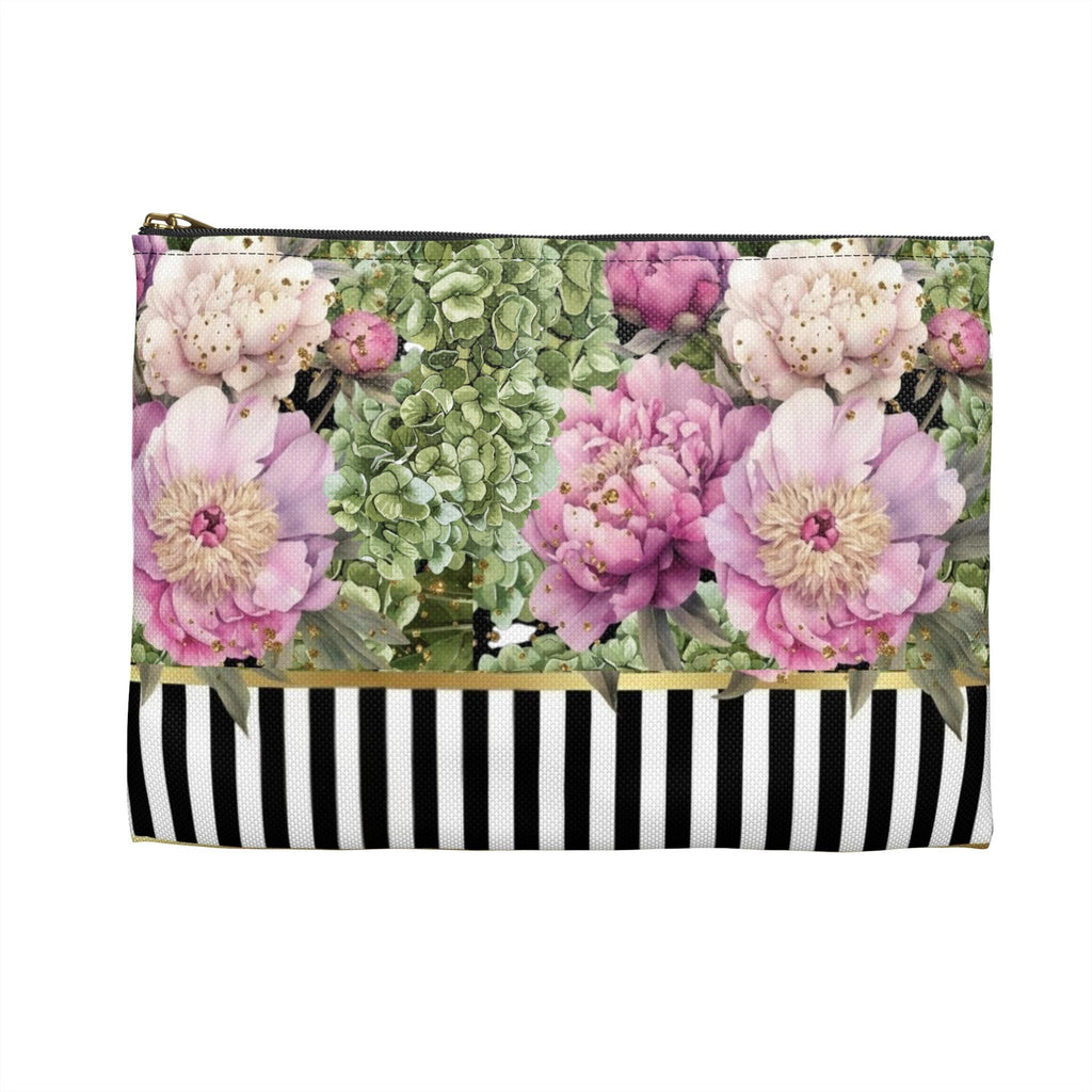 Pink Peonies & Green Hydrangeas Accessory Pouch | Black White Stripes