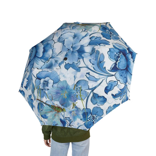 Blue Botanical Dragonfly Umbrella – Garden Floral Print, Compact Travel Accessory