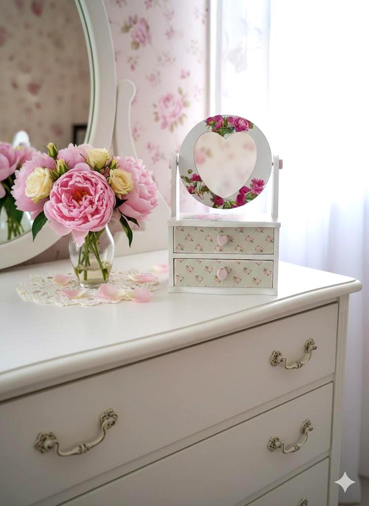 Cottagecore Jewelry Box – Vintage Floral Keepsake Chest, Wood Vanity Organizer