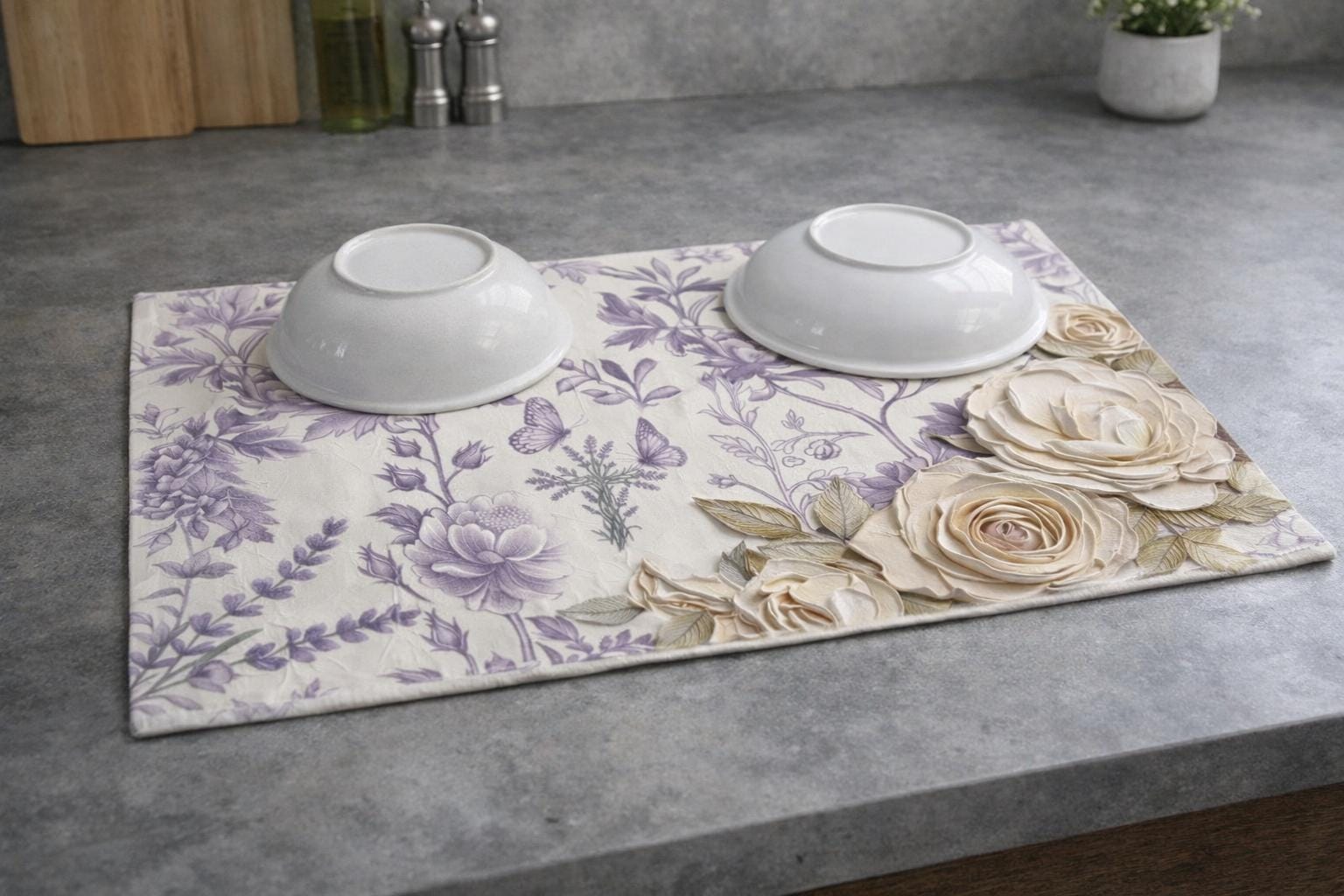 Pretty Lavender Toile Kitchen Dish Mat | Microfiber Botanical Herbs Drying Mat | Modern Farmhouse