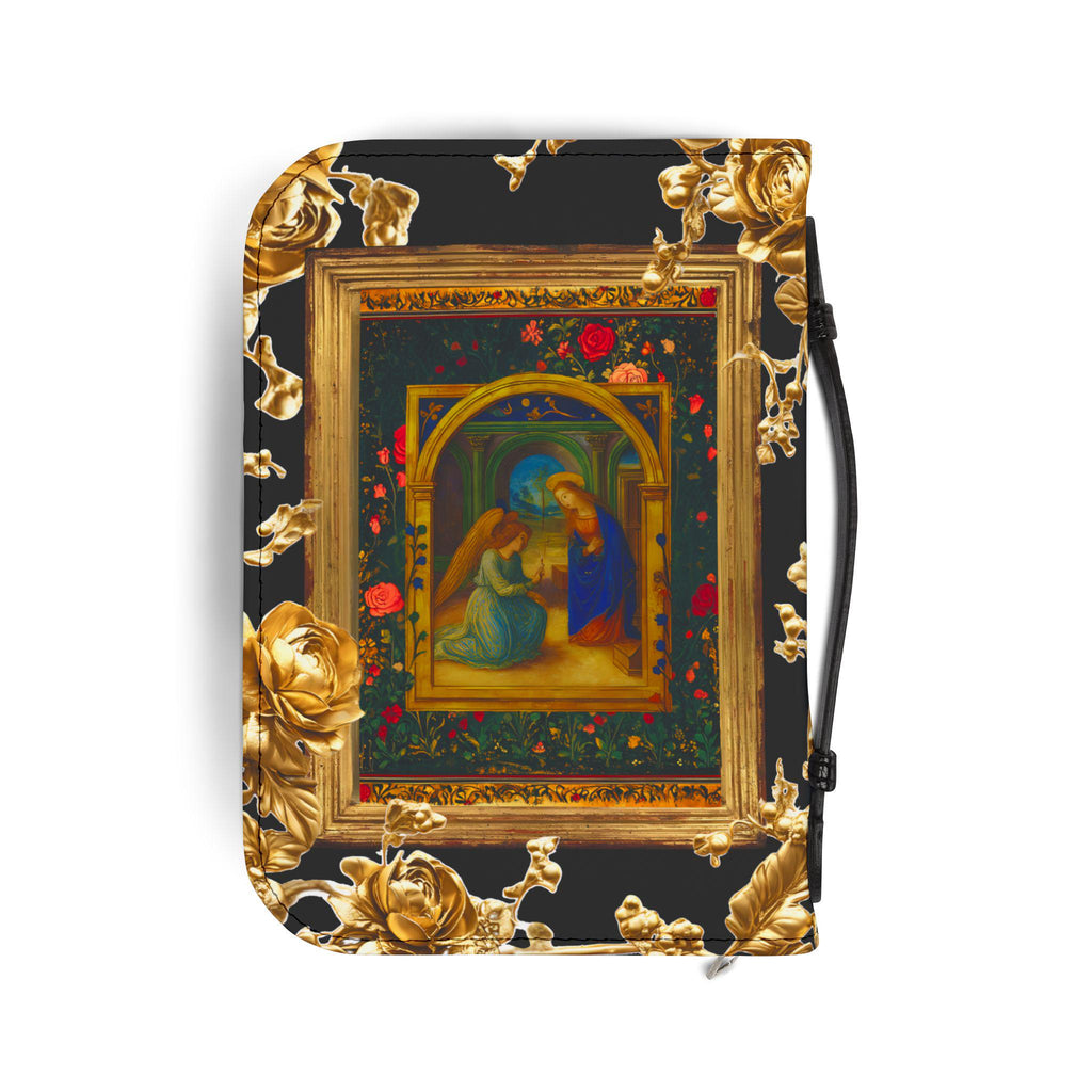 Gold Floral Annunciation Bookcase Bible Cover | Zippered Scripture Protector, Study Aid,