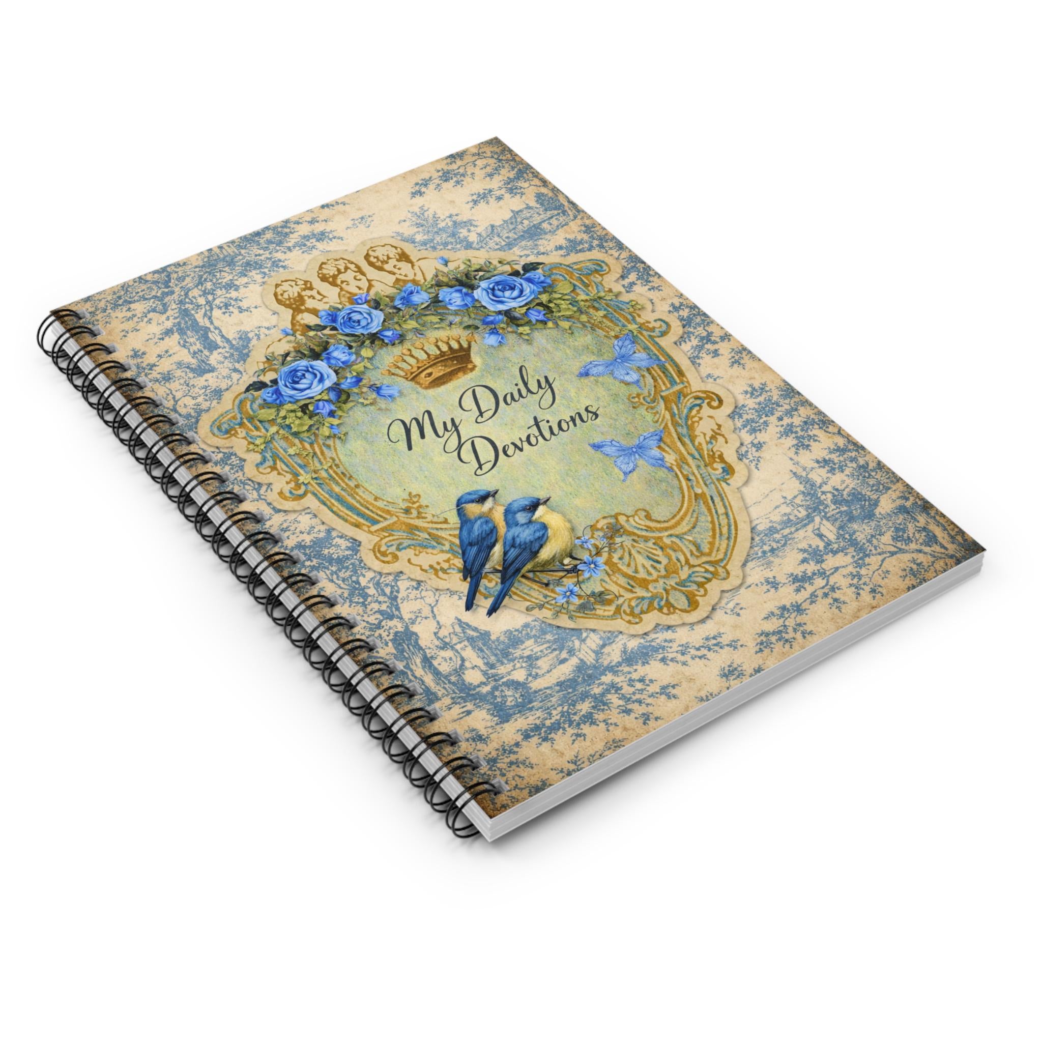 My Daily Devotions Blue Toile Spiral Notebook | Blue Birds Floral Crown Journal