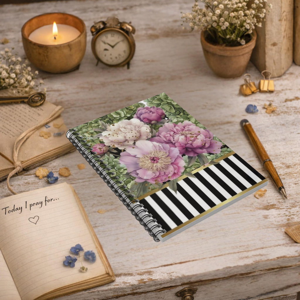 Pink Peonies Floral Spiral Notebook | Striped Gold Accent