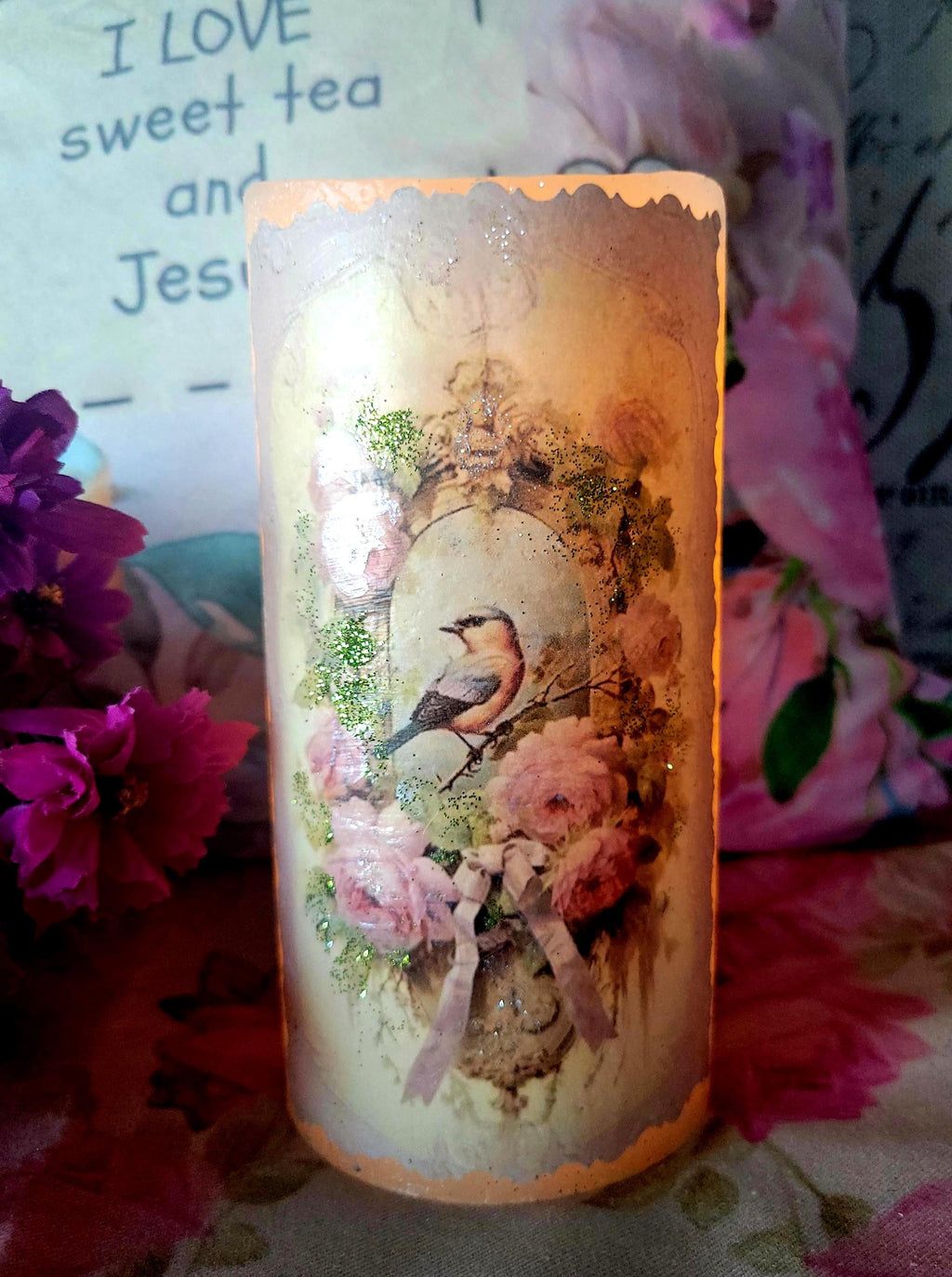 Victorian Bird LED Wax Pillar, Decorated Flameless Candle Centerpiece, Candle Decor