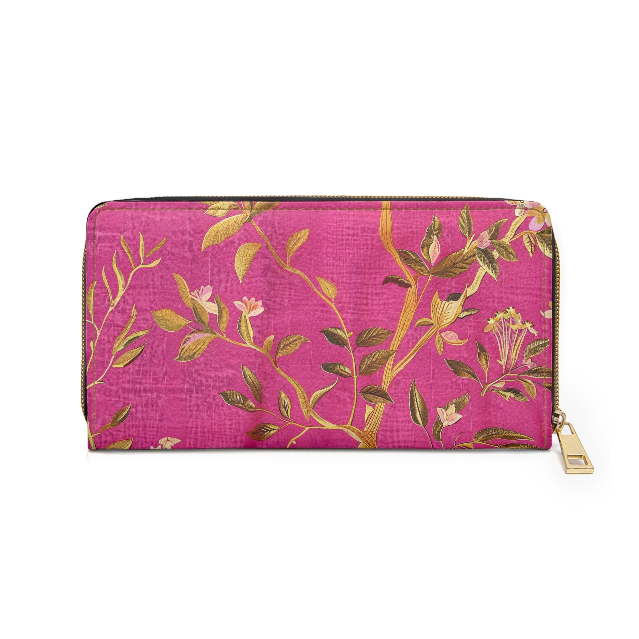 Gold Floral Vines Zipper Wallet | Pink Botanical Zip Wallet