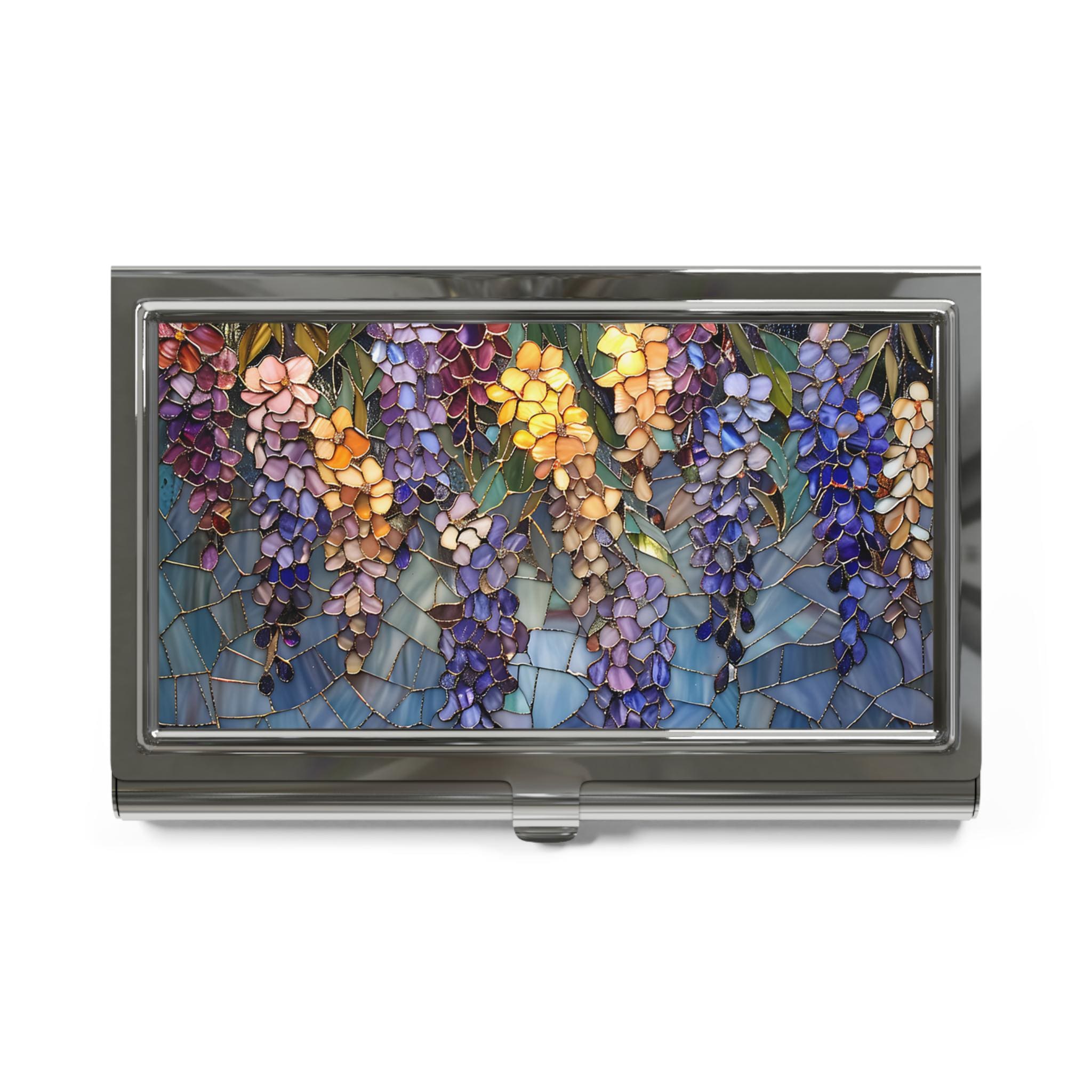 Stained Glass Wisteria Business Card Holder, Metallic Finish | Calling Card Case