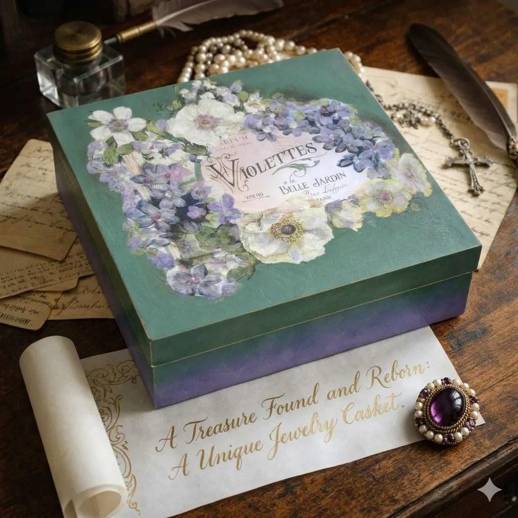 The Vintage Violette Label Keepsake Box,Jewelry chest, For Rosaries, Hankies, letters. Storage gift Box