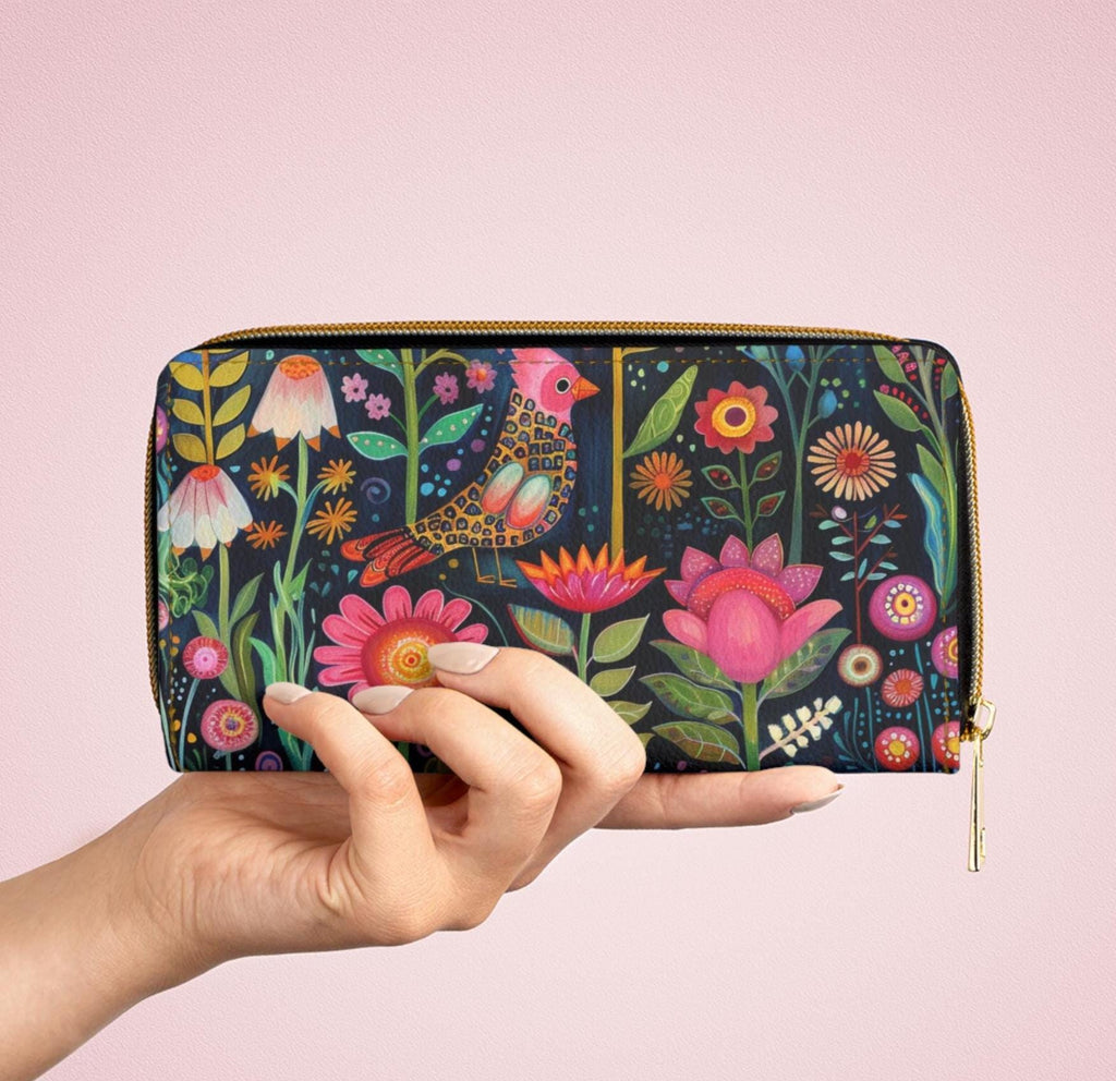 Merrimeko Botanical Zipper Wallet, Folkart Design Nature Lover Gift, Vintage Inspired Clutch