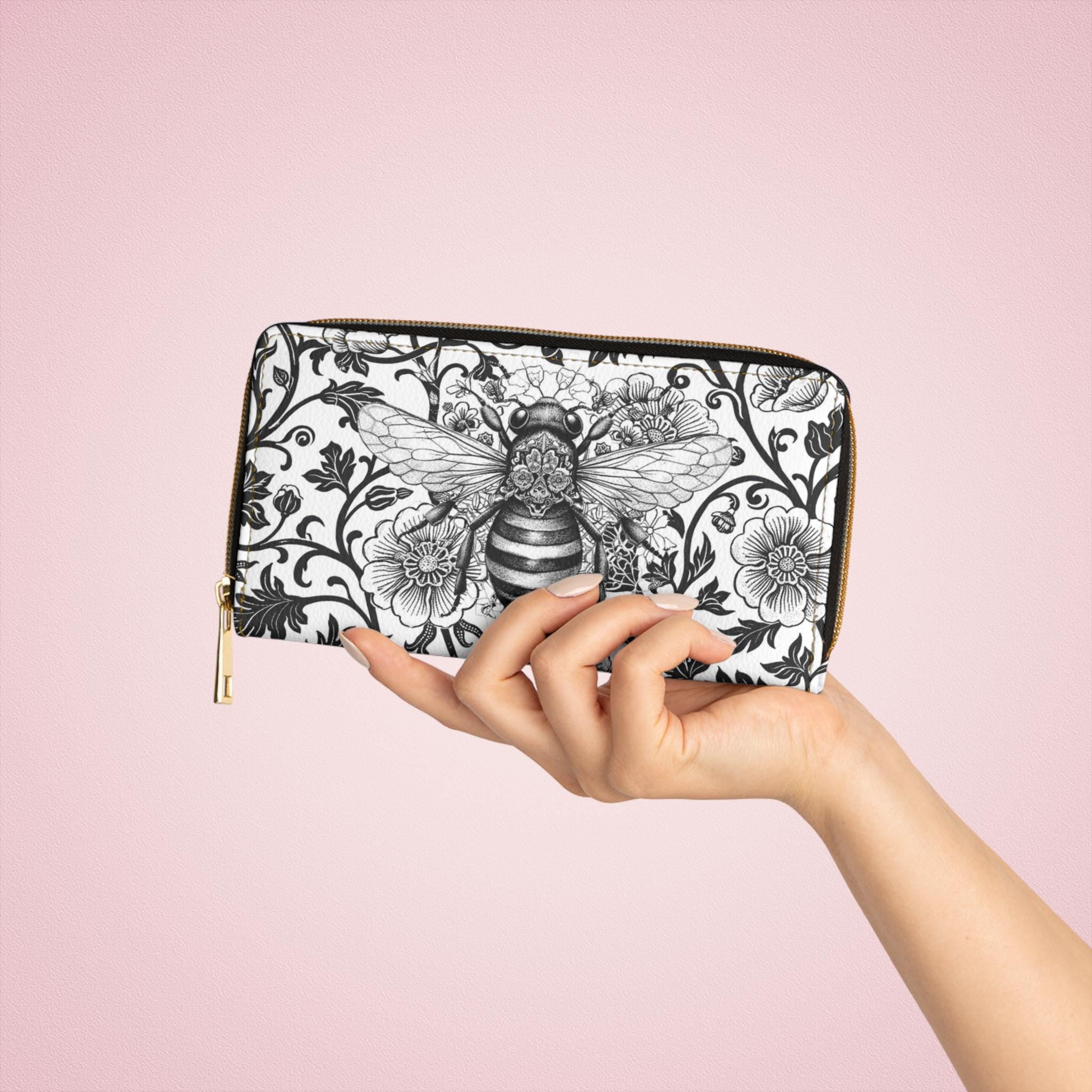 Vintage Bee Toile Floral Mandala Zipper Wallet | Black & White Clutch
