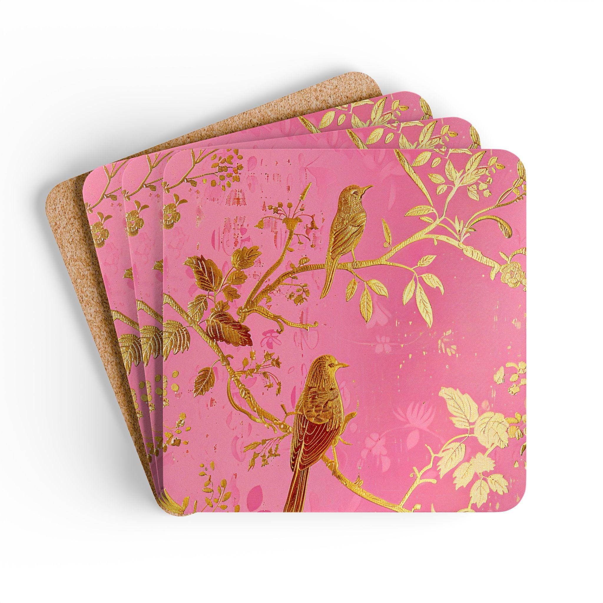 Gold Bird Branches Cork Coaster Set | Pink Floral Vintage Style