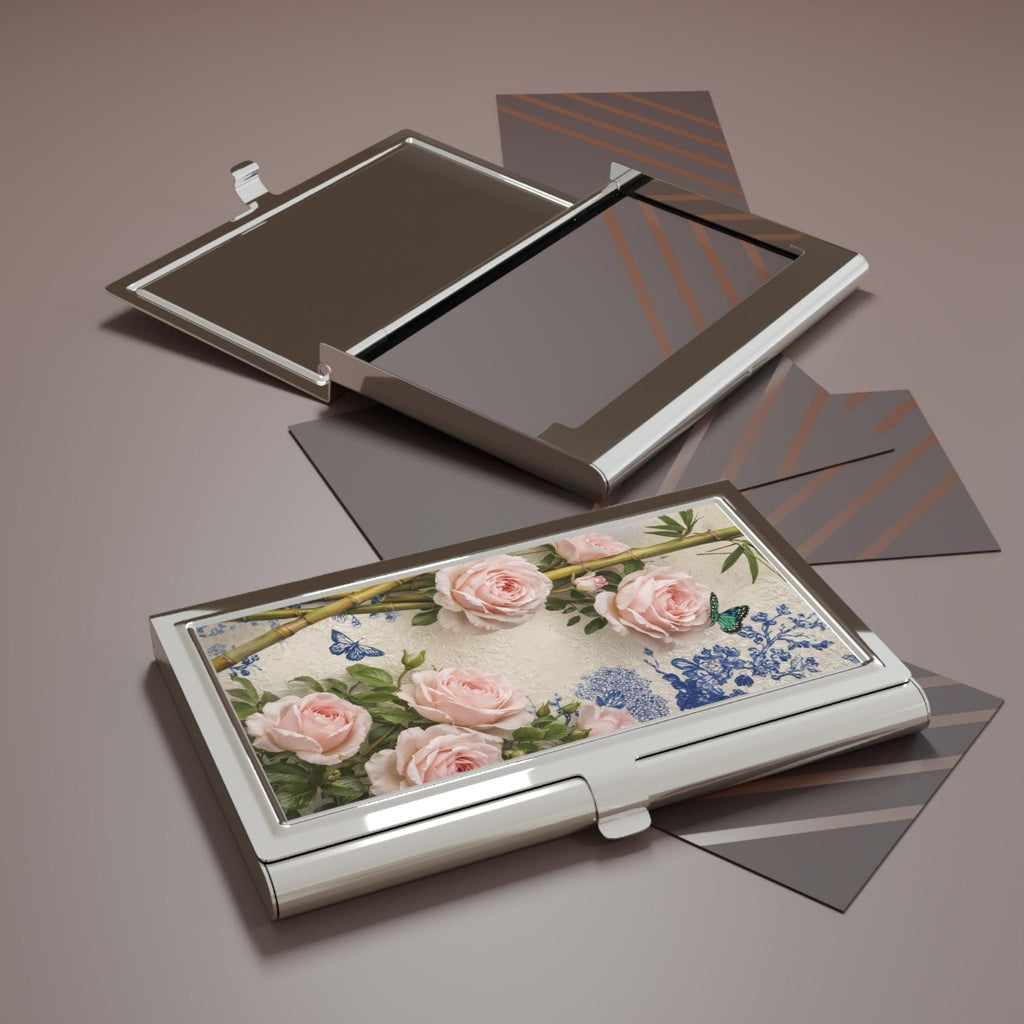 Pink Rose Floral Business Card Holder | Butterfly Botanical Metal Case