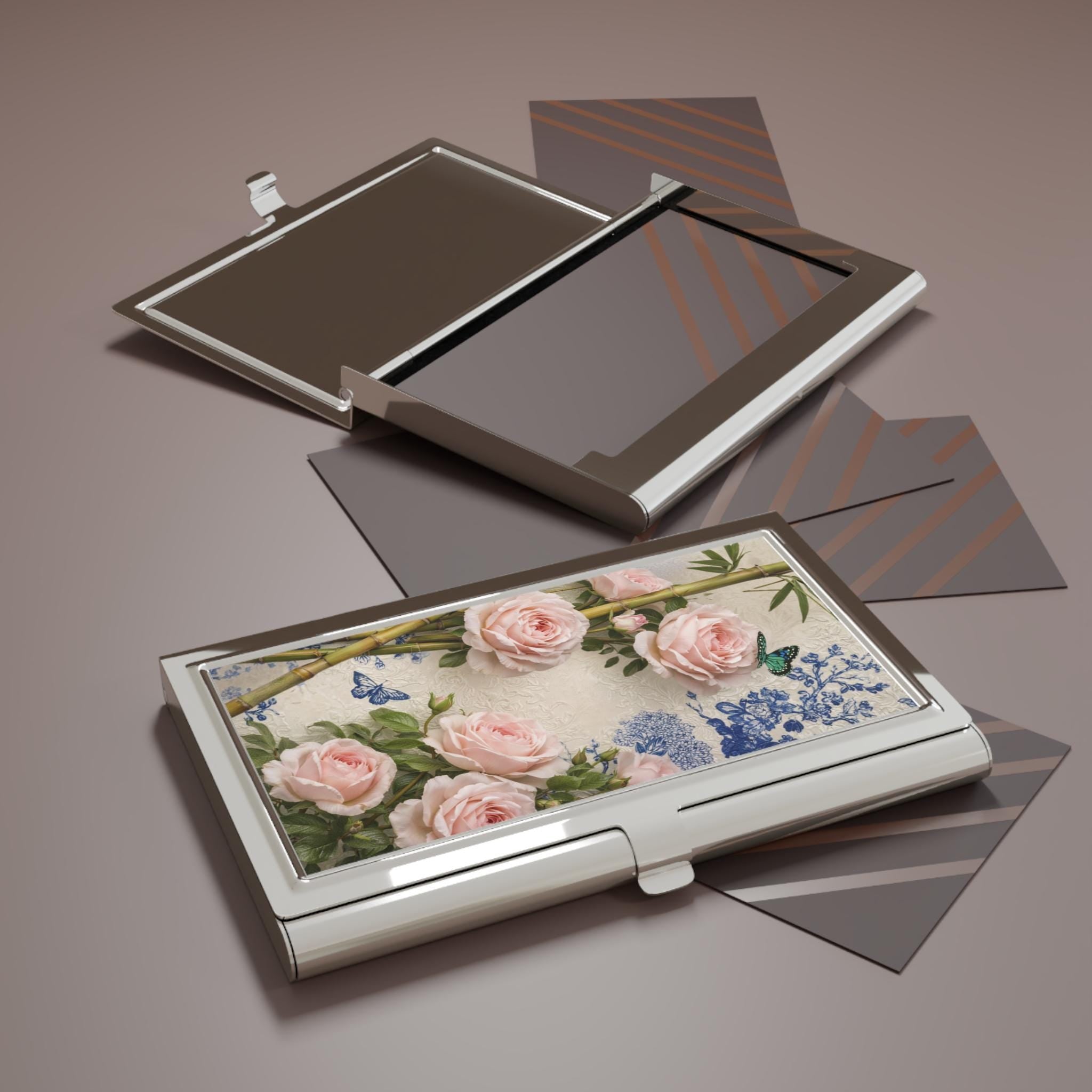 Pink Rose Floral Business Card Holder | Butterfly Botanical Metal Case