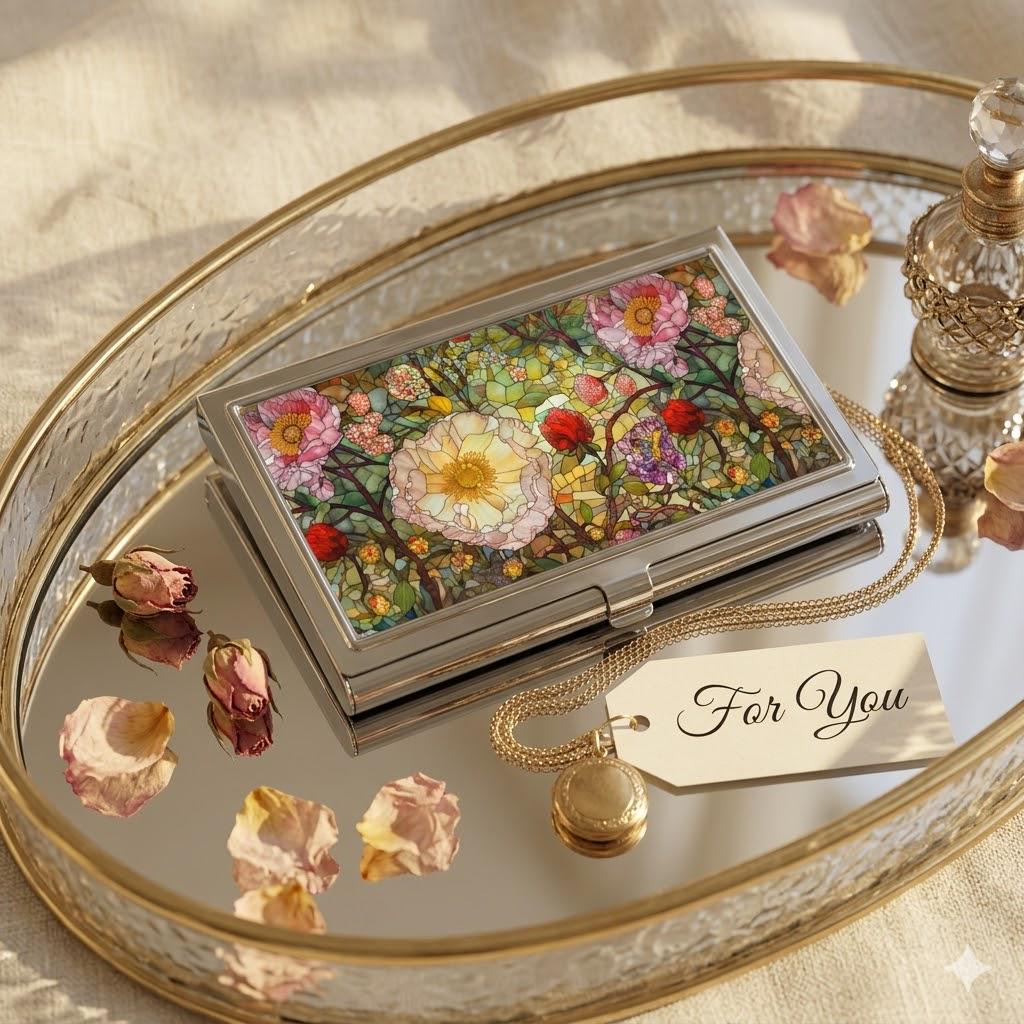 Floral Mosaic Business Card Holder, Elegant Office Gift