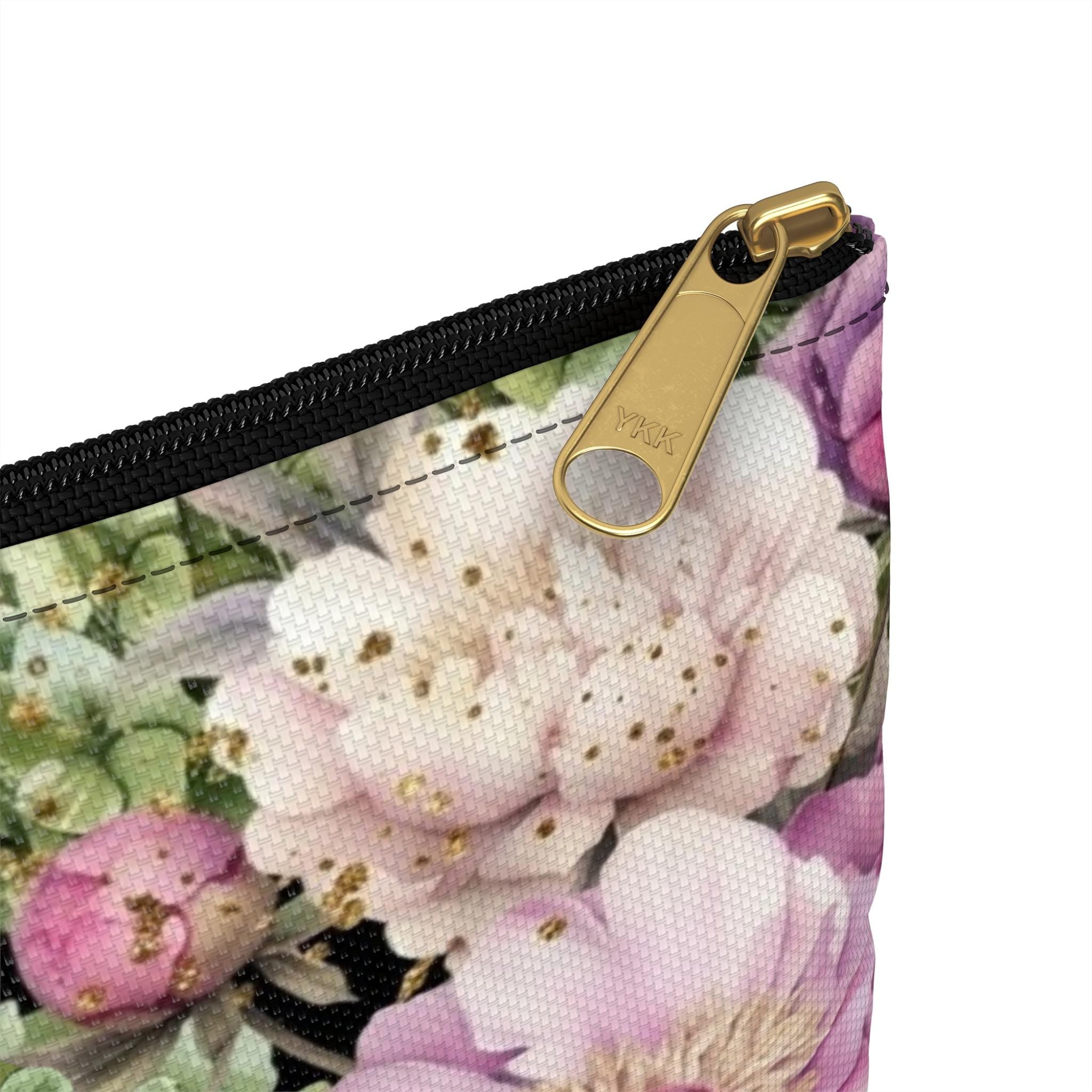 Pink Peonies & Green Hydrangeas Accessory Pouch | Black White Stripes