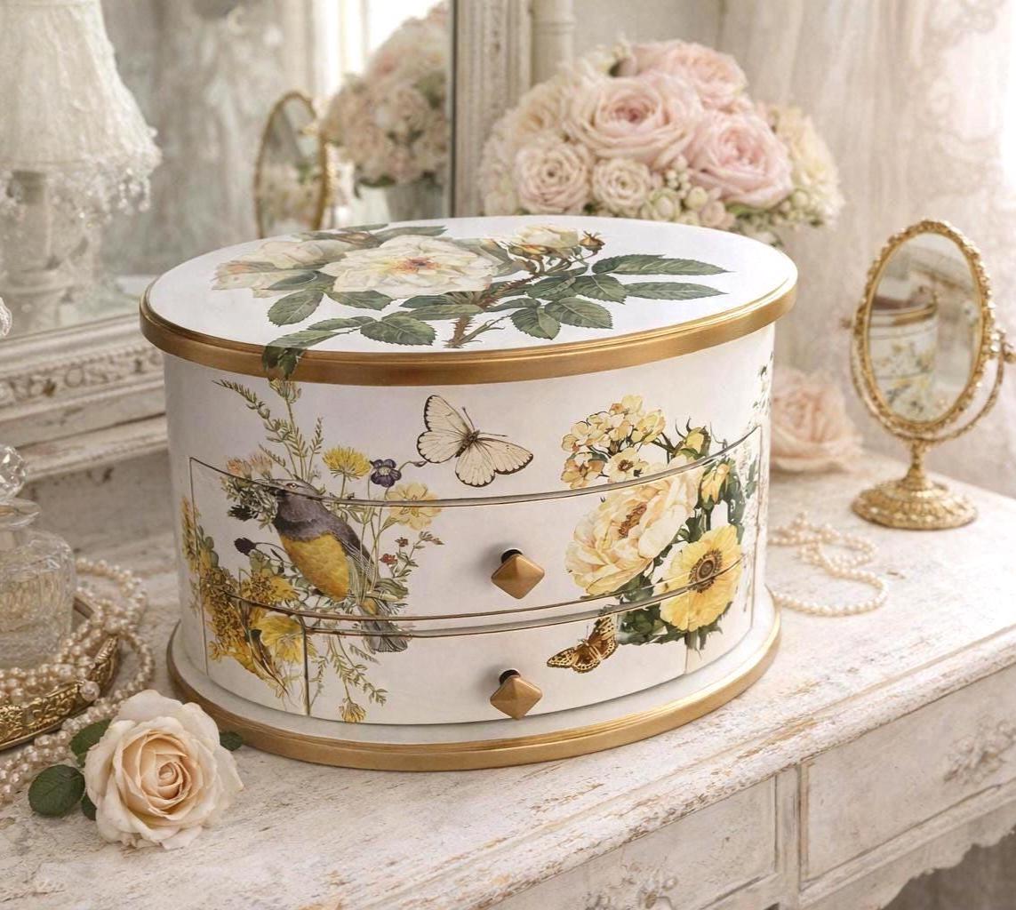 Oval Jewelry Box with Mirror | Hand-Painted Wooden Floral Bird Design, Vintage Vanity Chest