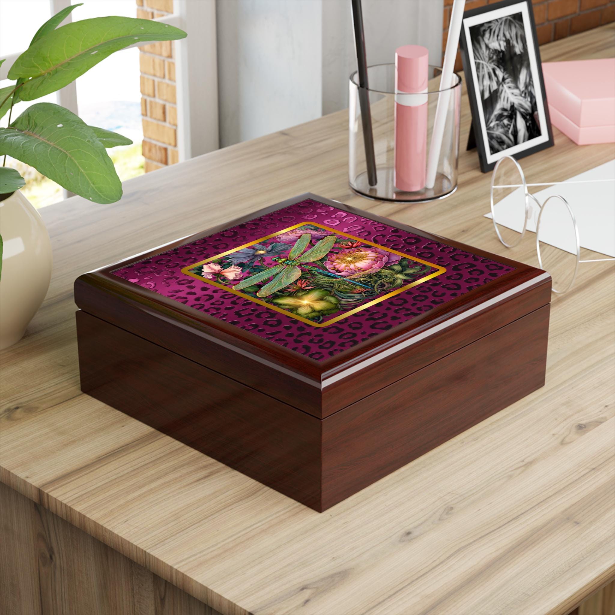 Magenta Leopard & Botanical Dragonfly Jewelry Box | Keepsake Vanity Organizer