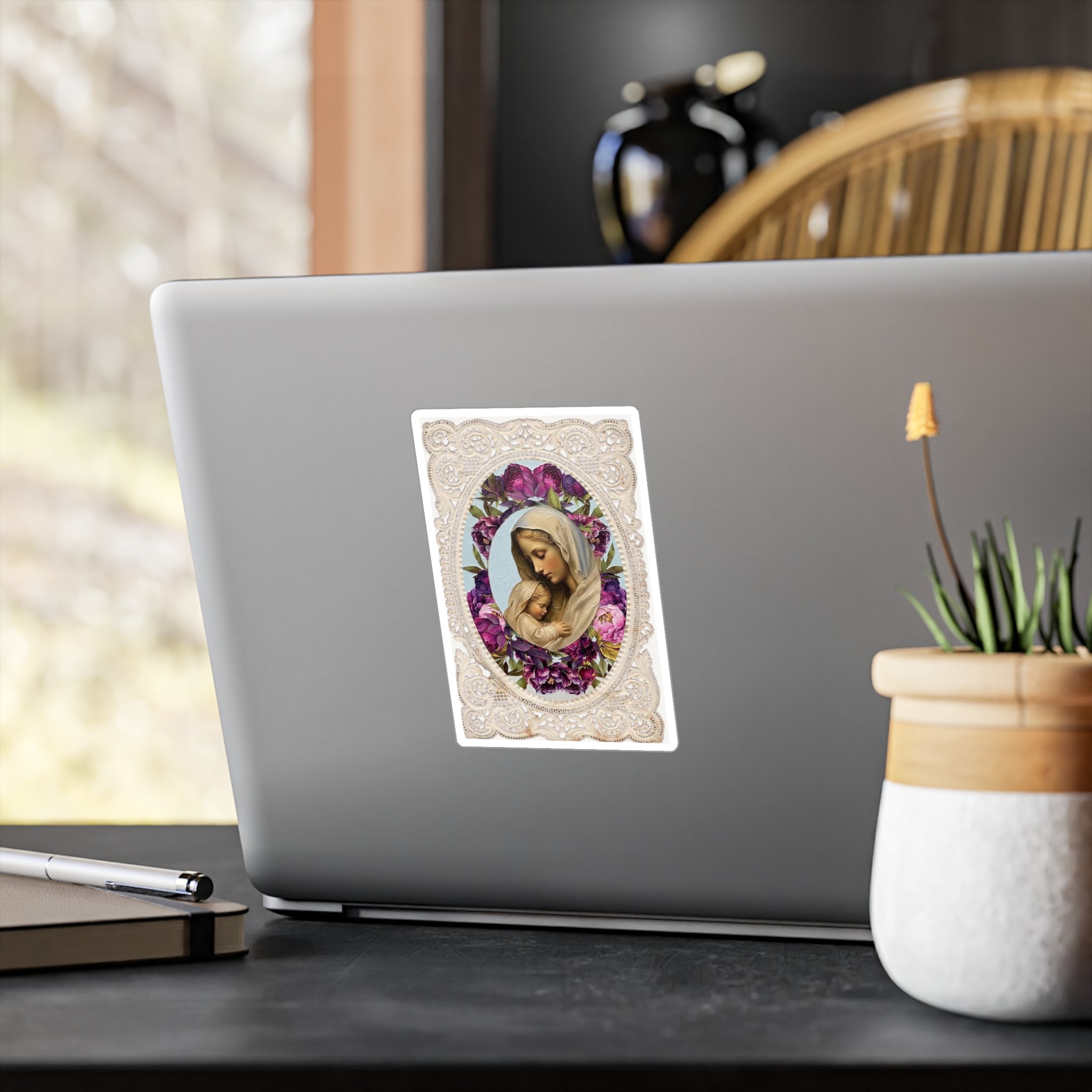 Madonna Lace Holy Card Vinyl Decal Sticker, Mary and Jesus Decal, Car Laptop Decal Religious Gift, Religious Sticker