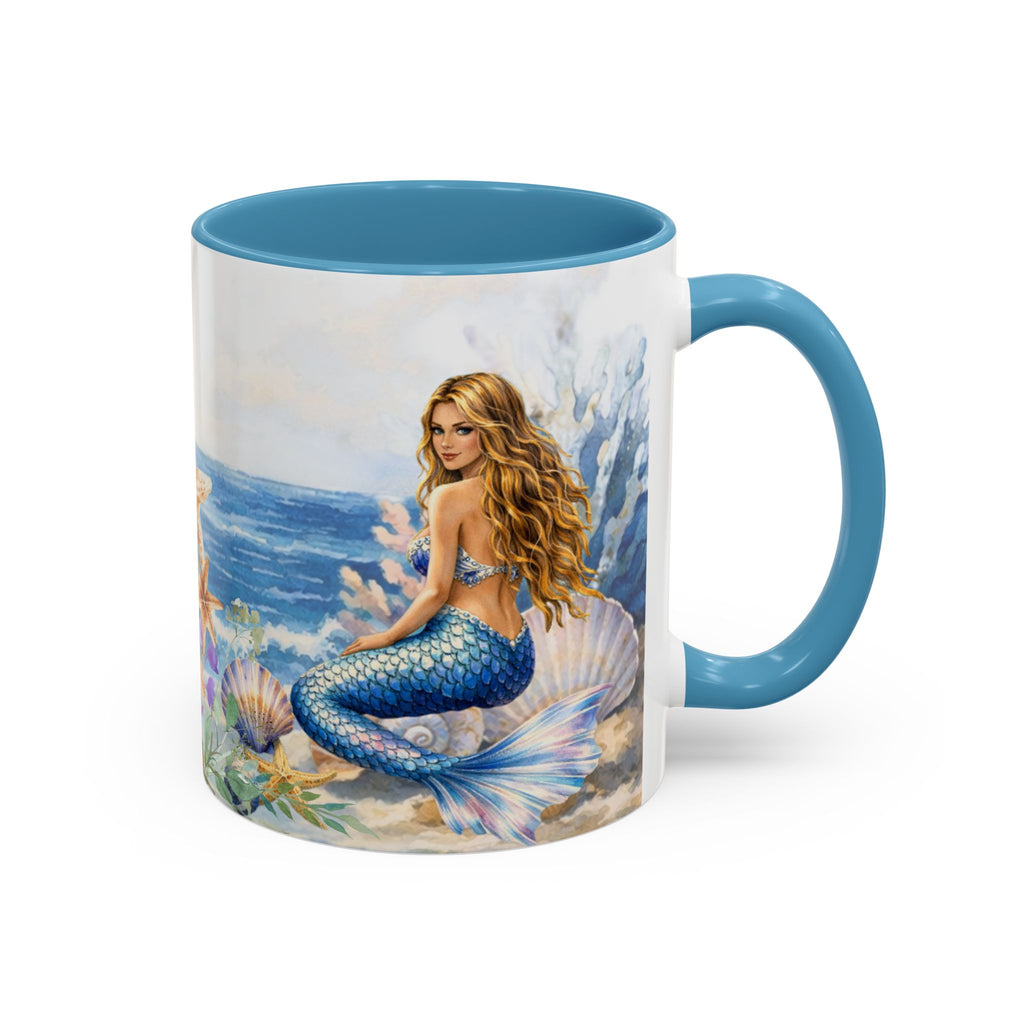 Mermaid Illustration Accent Coffee Mug | Seashells Starfish Ocean Scene