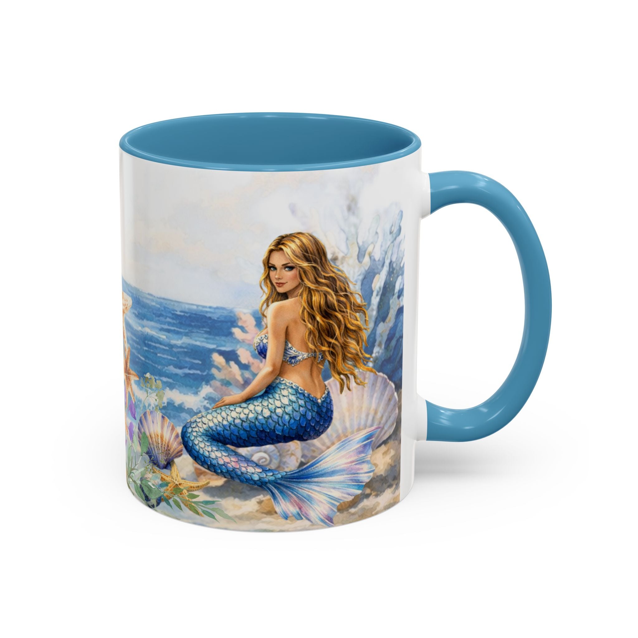 Mermaid Illustration Accent Coffee Mug | Seashells Starfish Ocean Scene