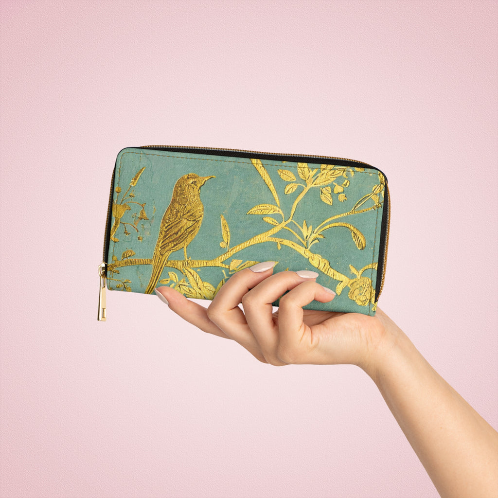 Gold Bird Branch print Zipper Wallet | Teal Botanical Pattern