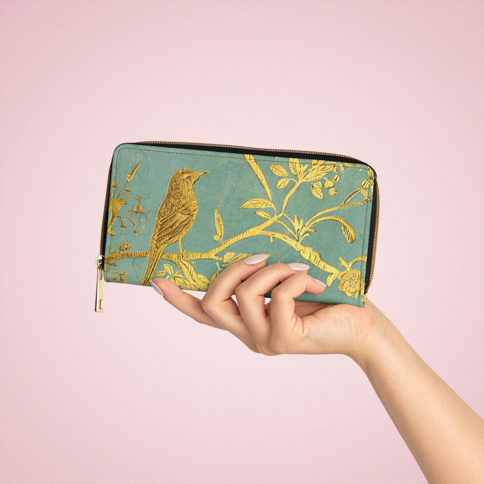 Gold Bird Branch print Zipper Wallet | Teal Botanical Pattern