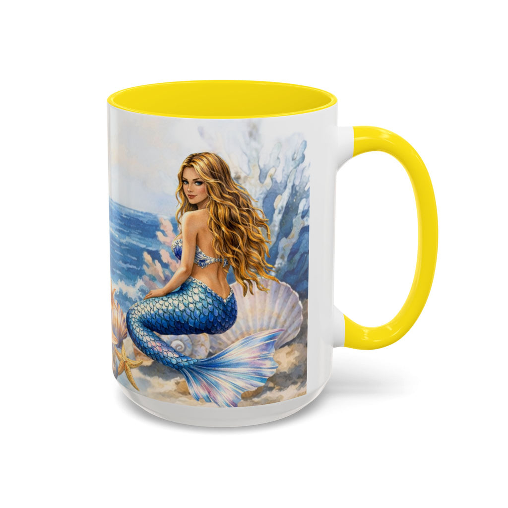 Mermaid Illustration Accent Coffee Mug | Seashells Starfish Ocean Scene