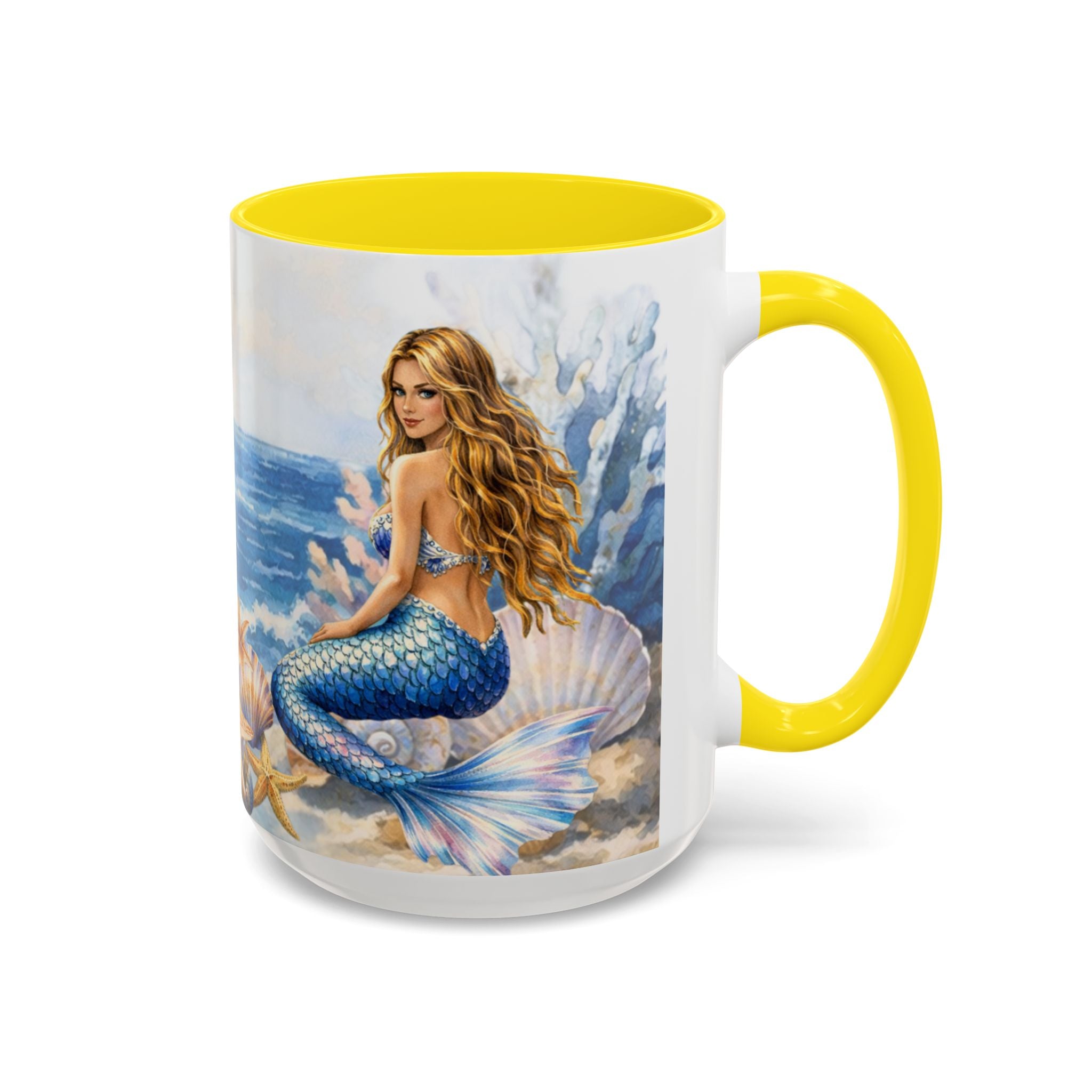Mermaid Illustration Accent Coffee Mug | Seashells Starfish Ocean Scene