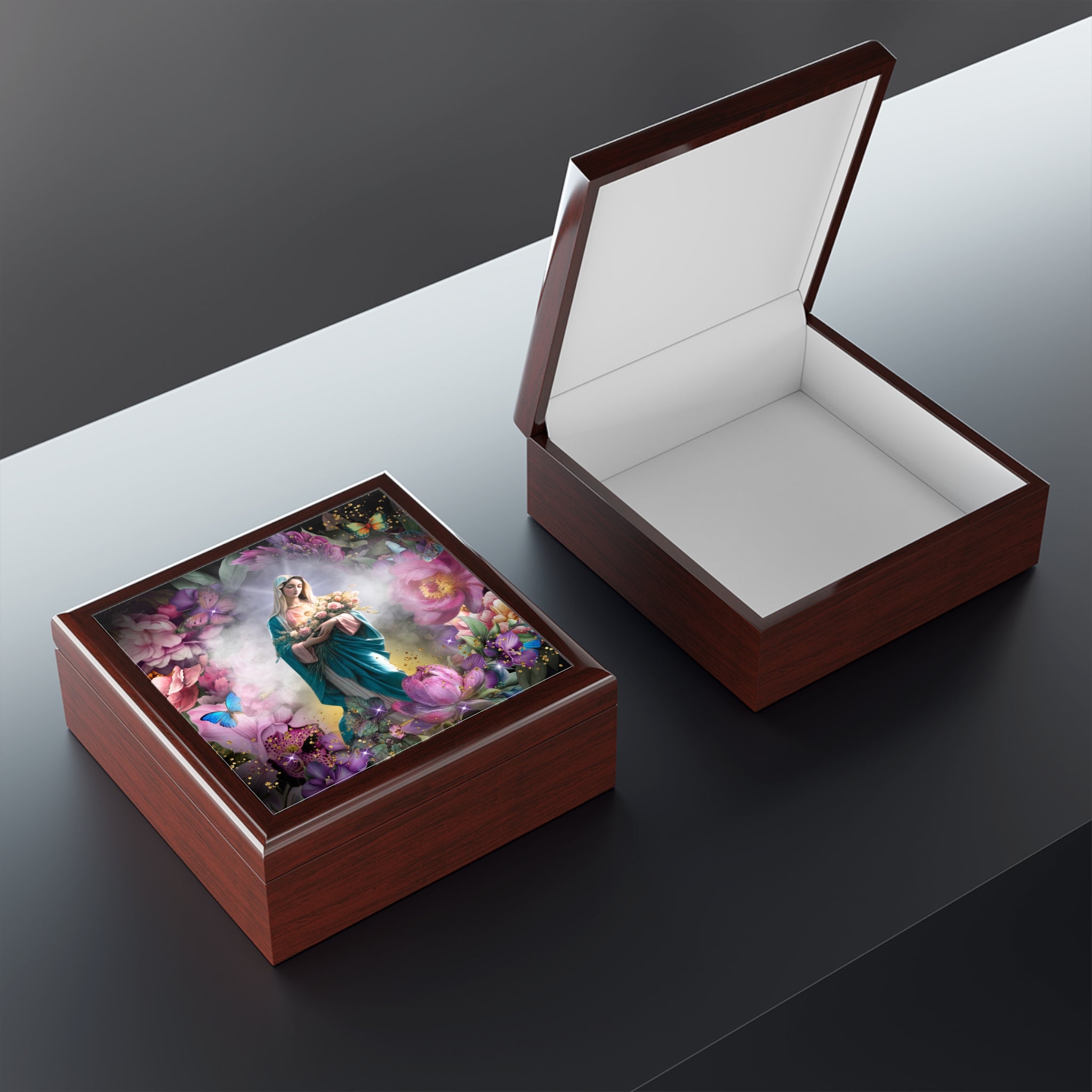 Virgin Mary Floral Illustration Jewelry Box | Madonna In Heaven Keepsake Trinket Chest