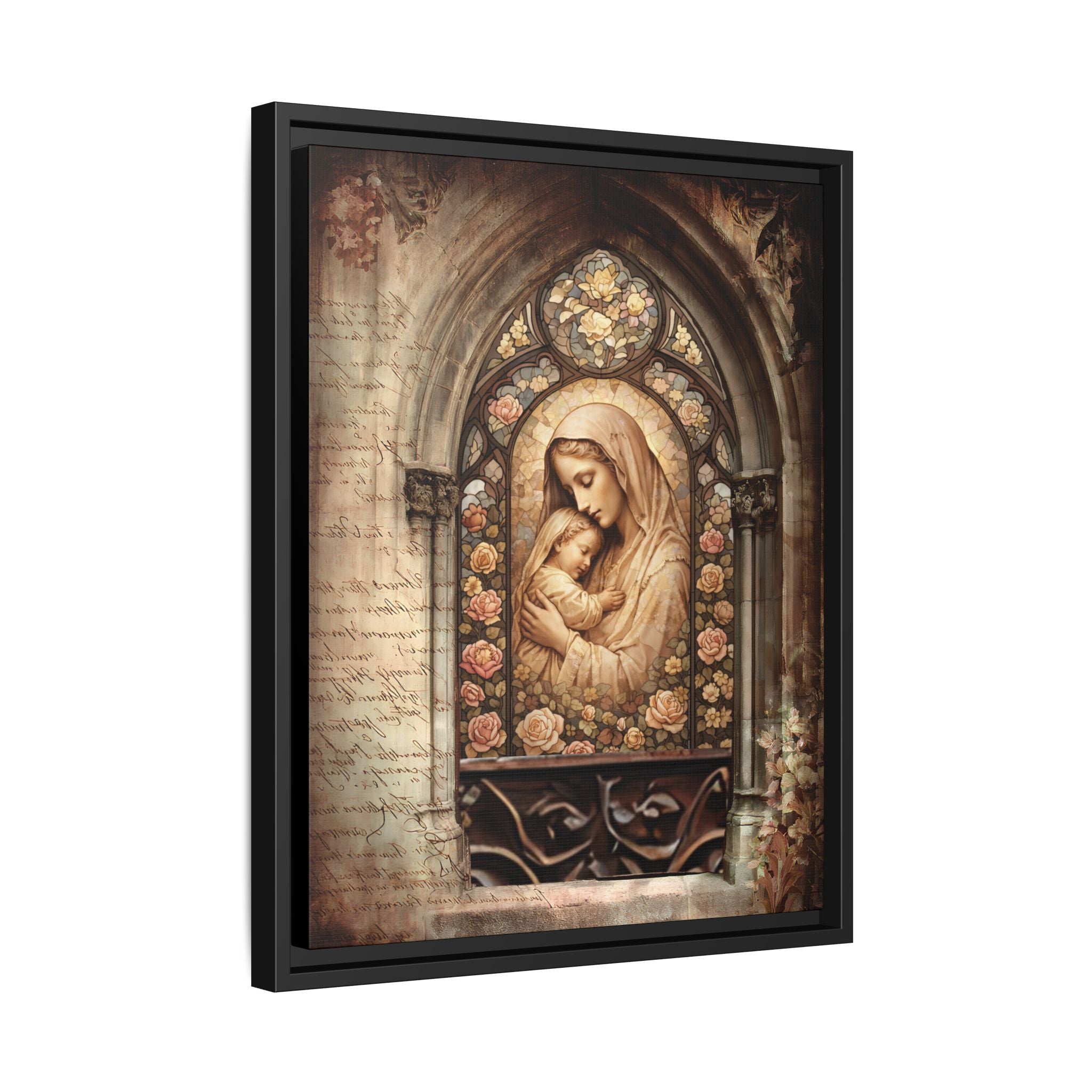 Gothic Window Madonna and Child Stained Glass Print Matte Canvas, Framed