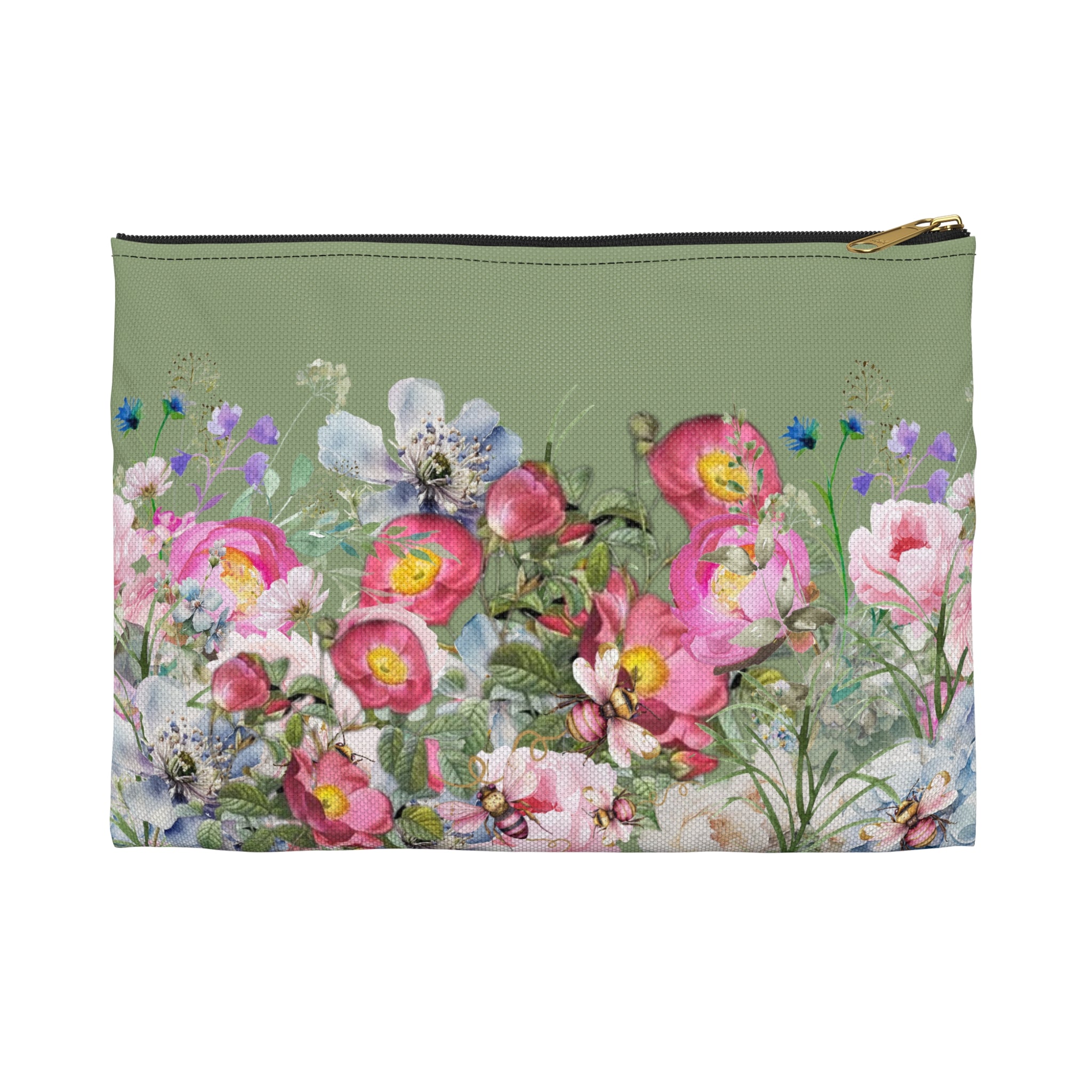 Sage Green Cottagecore Bag Meadow Flowers Pouch, Floral Accessory Bag Gift for Women, Romantic Gift for Her, Cottage Core Accessories