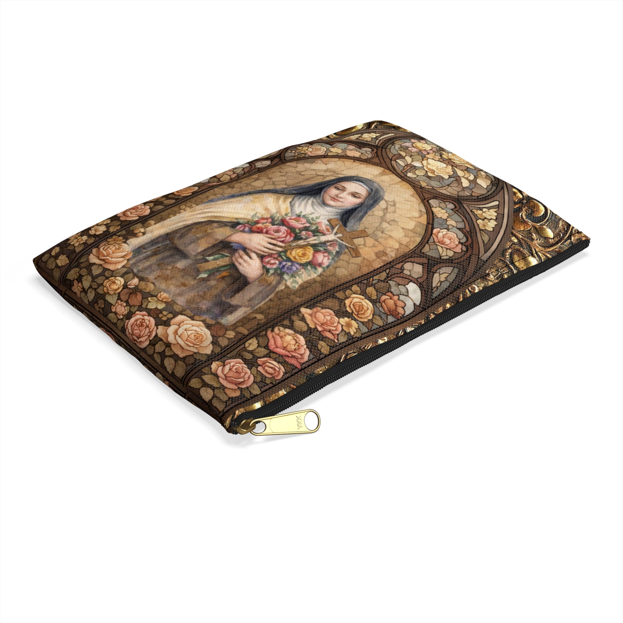 St. Thérèse Rosary Pouch Marian Roses & Doves Vegan Leather Case Accessory Pouch | Religious Rosary Makeup Bag