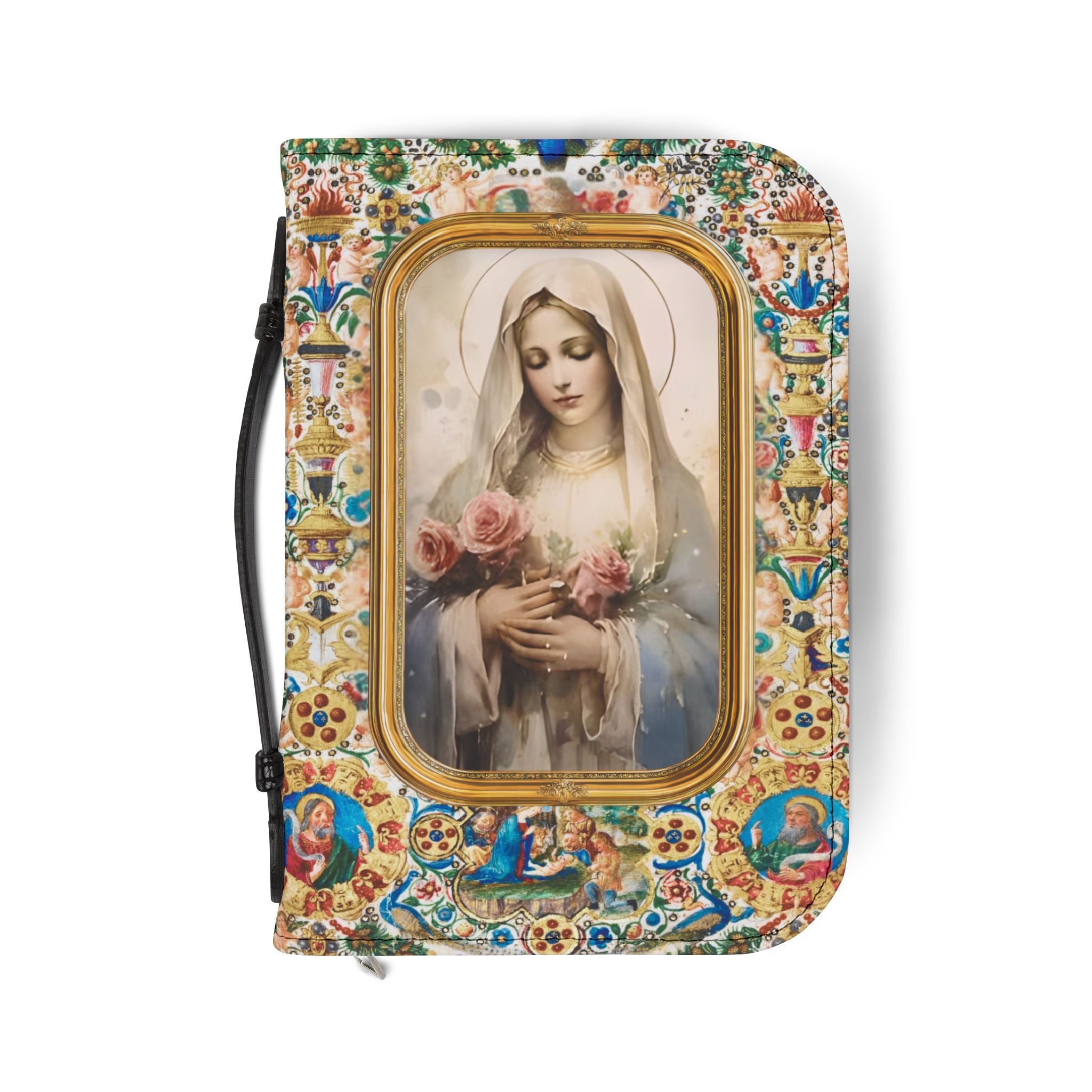 Virgin Mary Floral Icon Bible Cover | Zippered Scripture Holder Gift for Christian woman