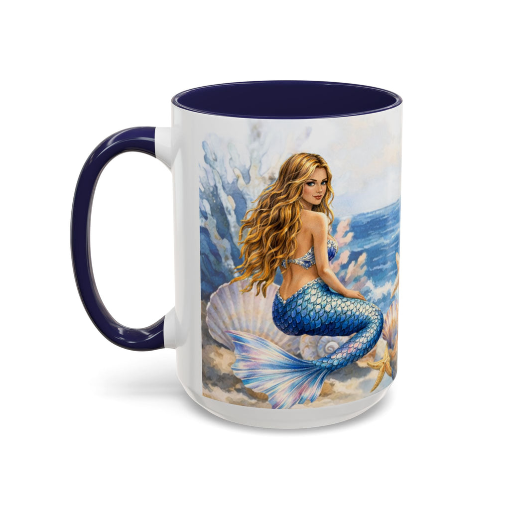 Mermaid Illustration Accent Coffee Mug | Seashells Starfish Ocean Scene