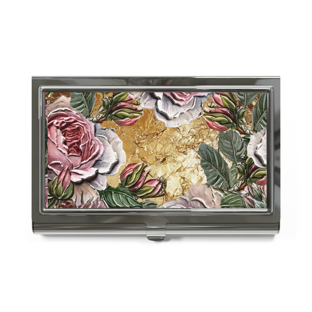 Vintage Pink Roses on Gold Leaf Business Card Holder | Personalized Floral Metal Case
