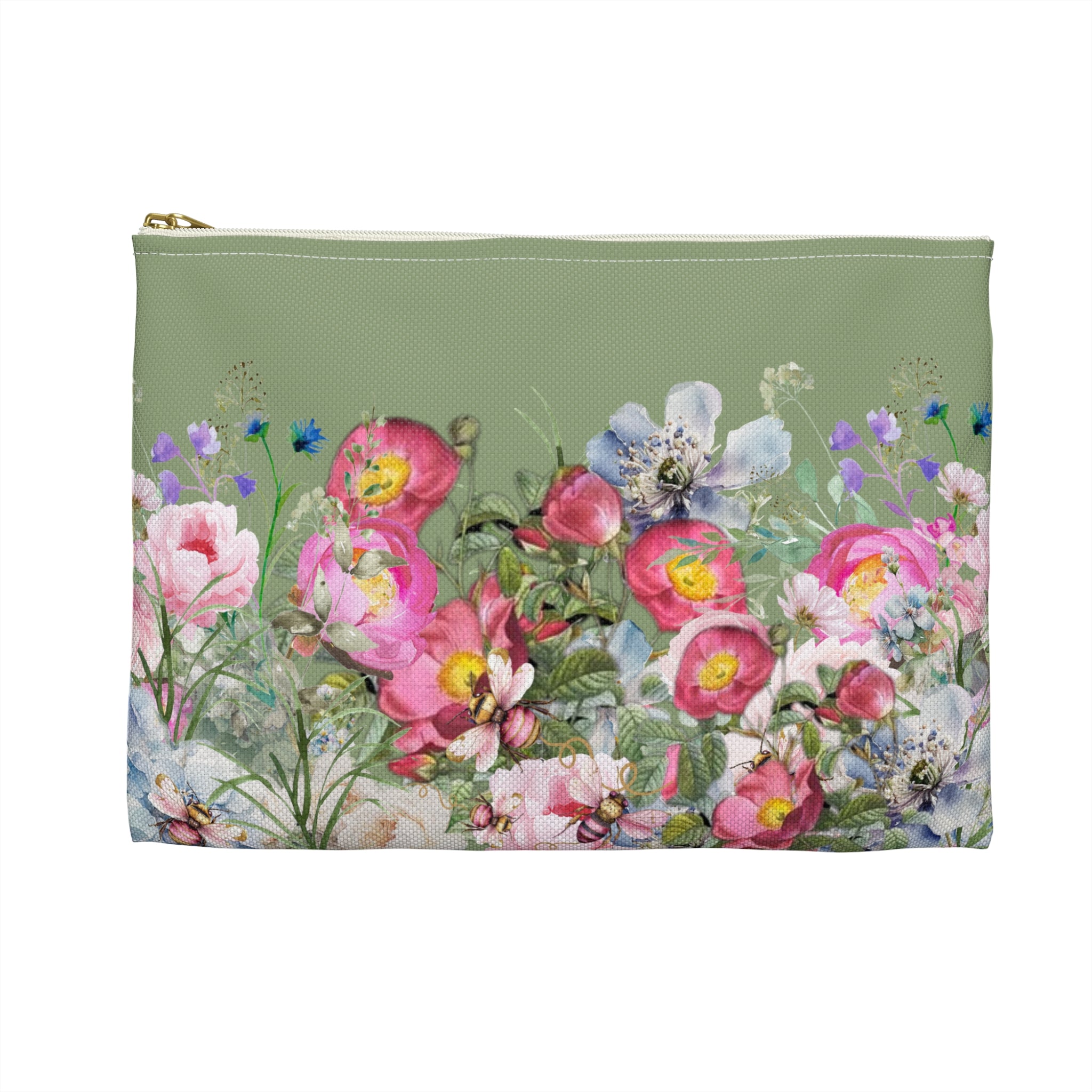 Sage Green Cottagecore Bag Meadow Flowers Pouch, Floral Accessory Bag Gift for Women, Romantic Gift for Her, Cottage Core Accessories