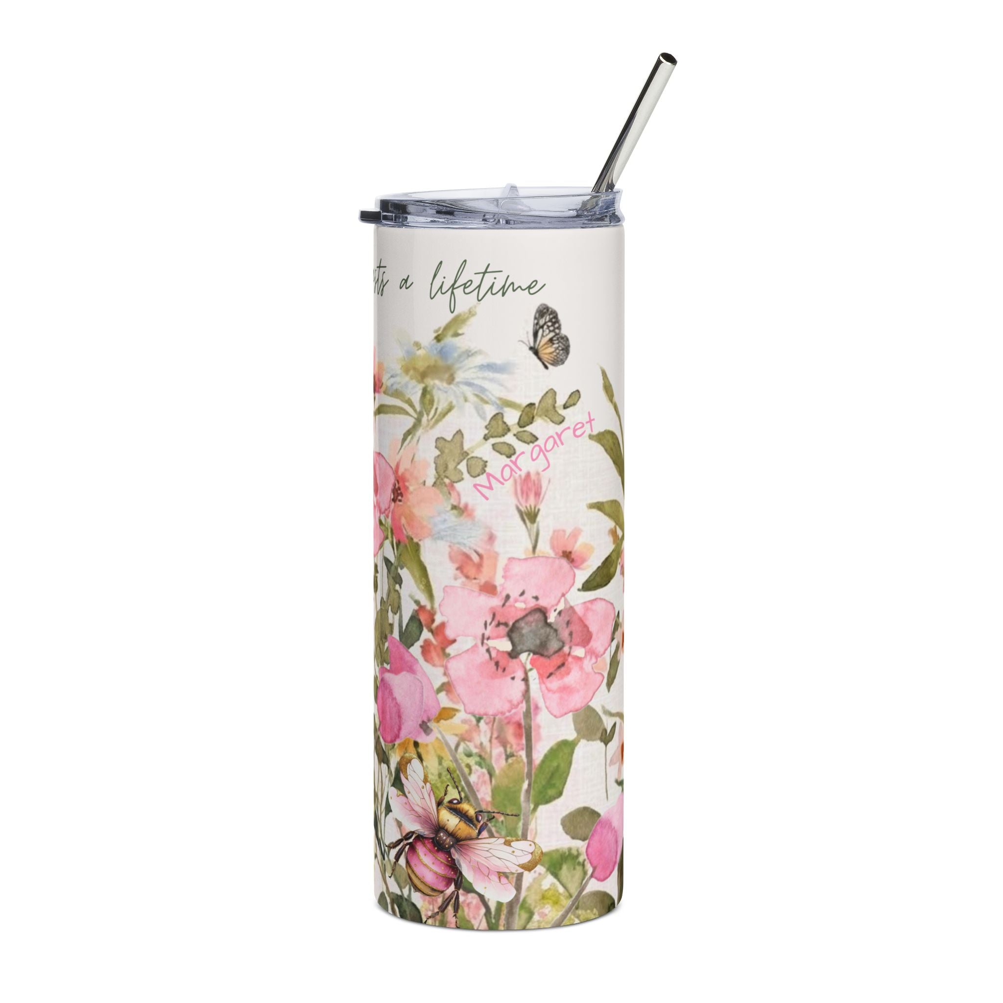 Pink Watercolor Wildflowers Stainless Steel Tumbler | 20oz