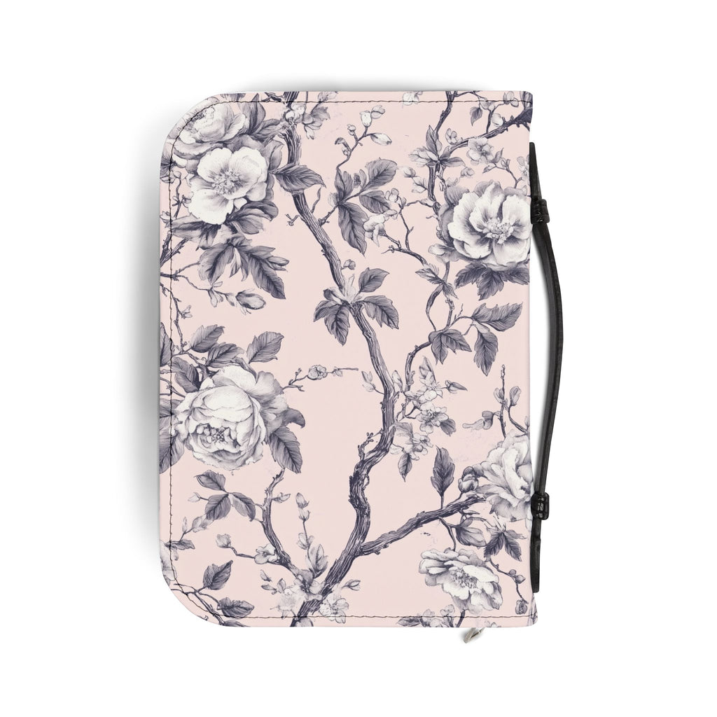 Pink White Botanical Toile Bible Cover | Floral Design | Christian Gift | Vegan Bible Case with Handle & Zipper | Bible Study Accessory