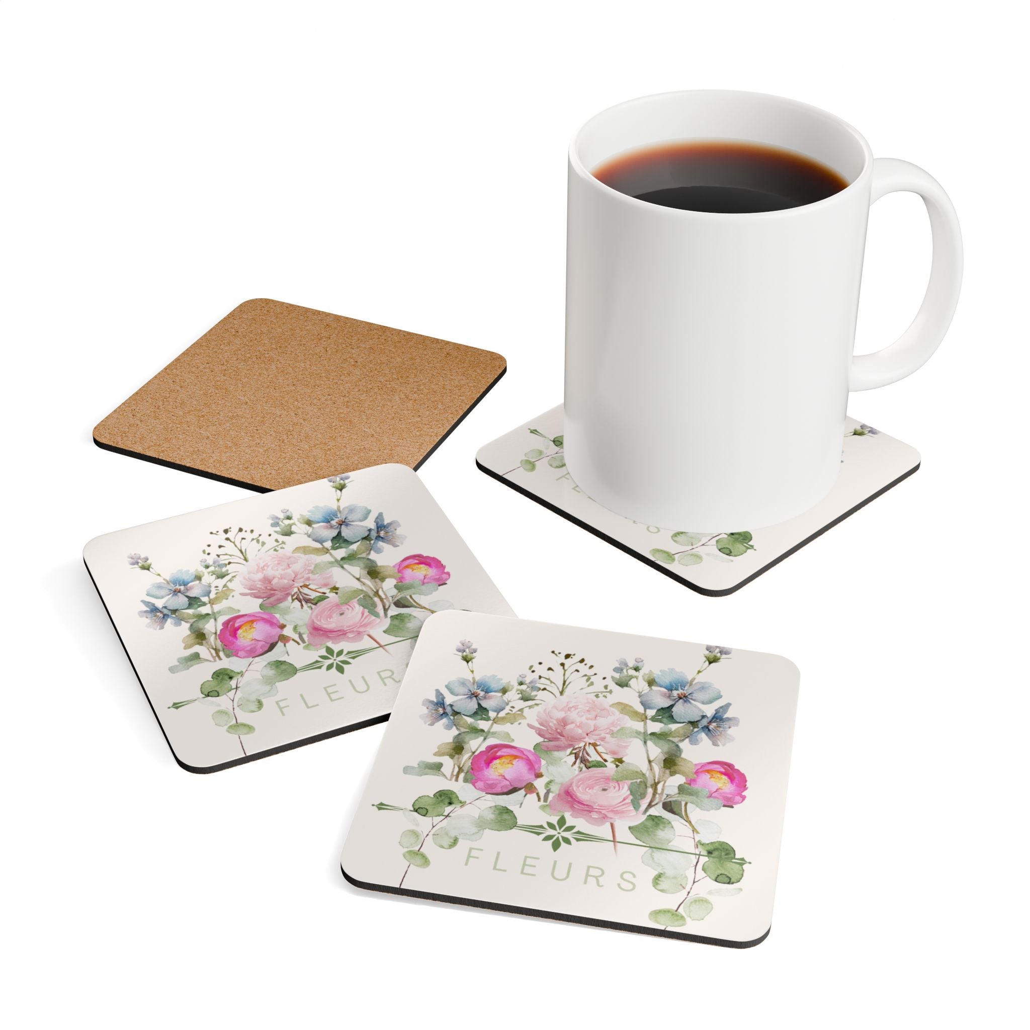 French Florals Corkwood Coaster Set | Pretty Gift for Home Decor House Warming