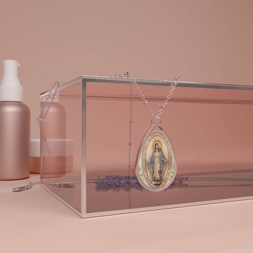 Virgin Mary Pendant Necklace | Religious Miraculous Medal Teardrop Locket